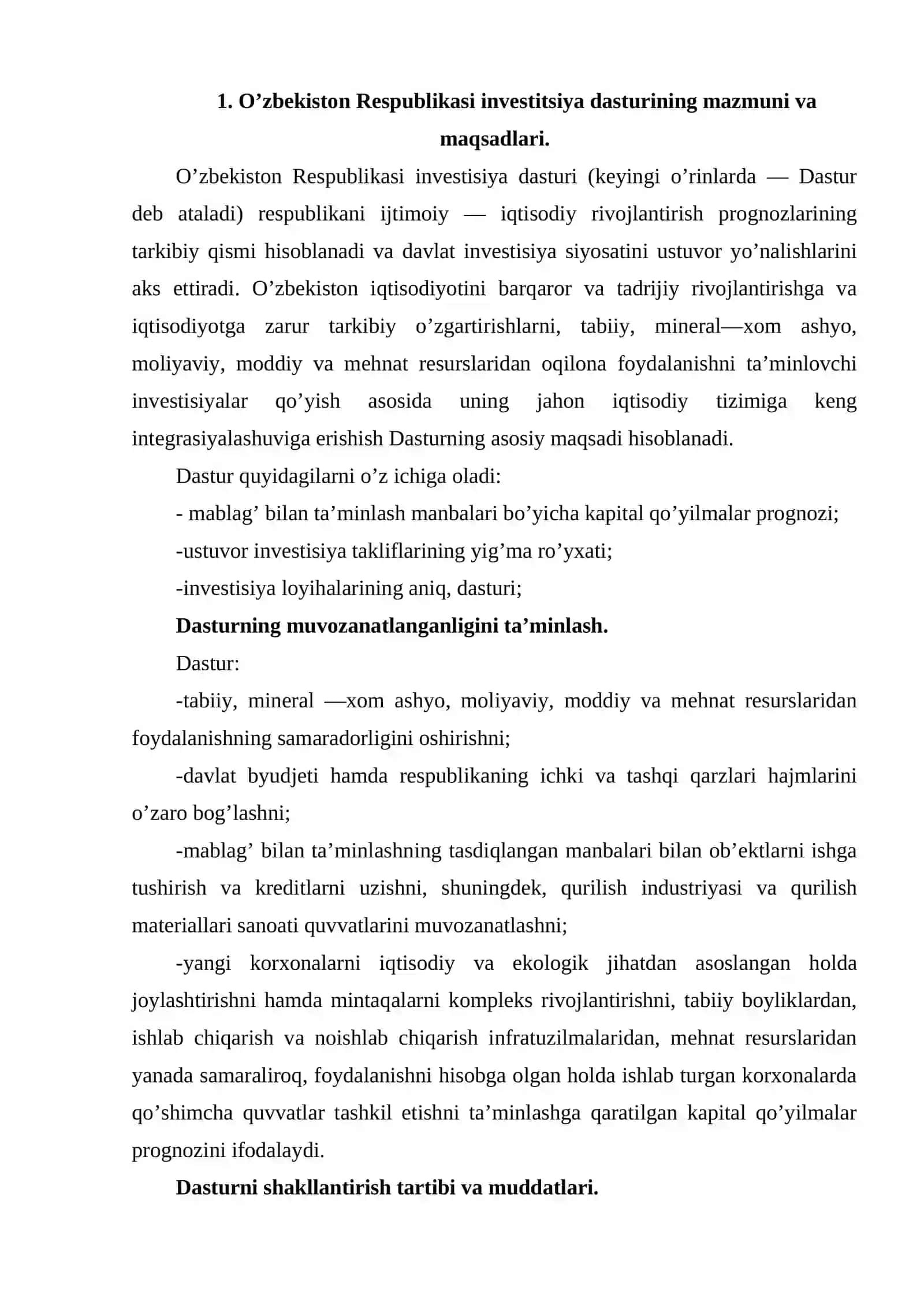 O’zbеkistоn Rеspublikasi invеstisiya dasturi (Dastur) 2