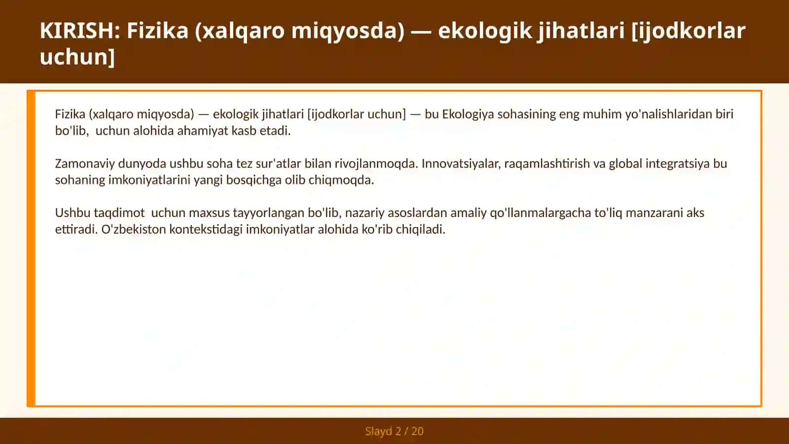 FIZIKA (XALQARO MIQYOSDA) — EKOLOGIK JIHATLARI [IJODKORLAR UCHUN] 2
