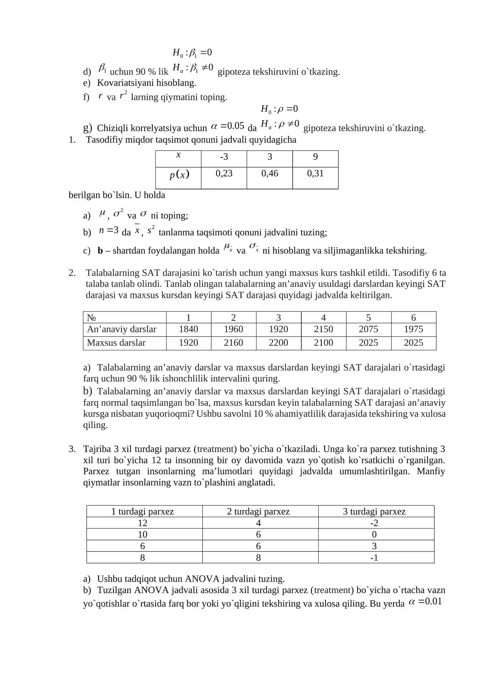 Tasodifiy miqdor taqsimot qonuni jadvali 2