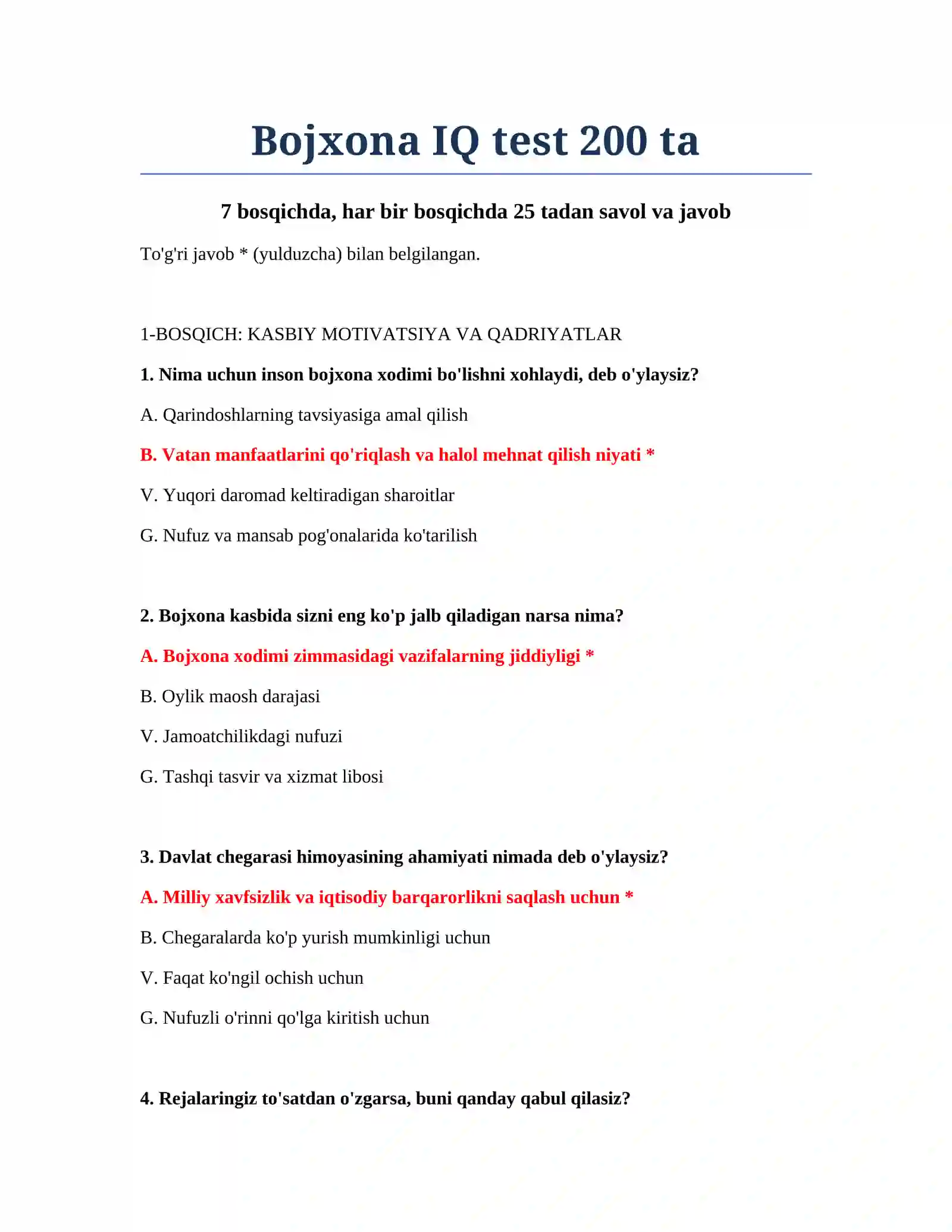 Bojxona IQ test 200 ta 2