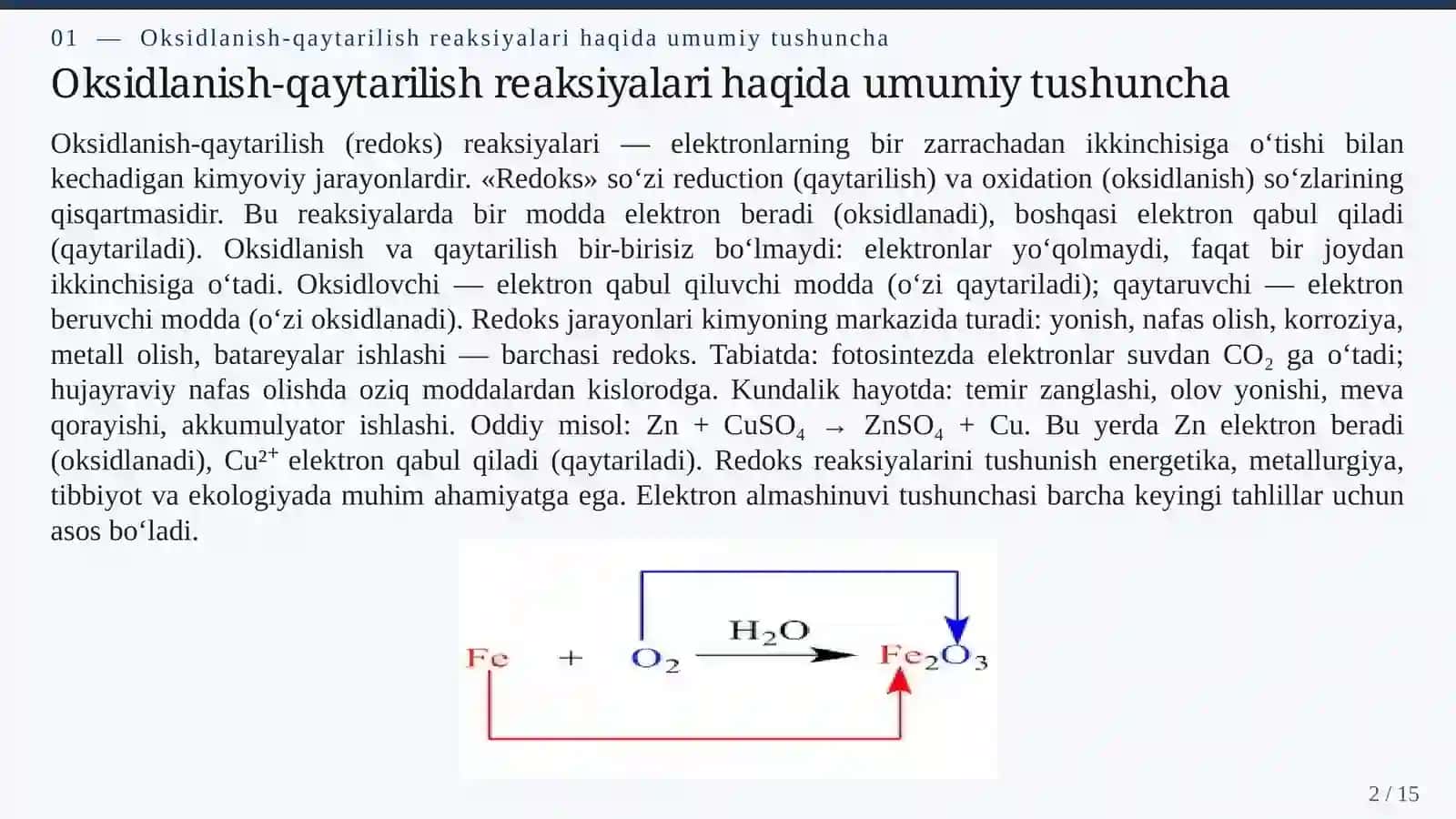 OKSIDLANISH-QAYTARILISH REAKSIYALARI: ELEKTRON ALMASHINUVI VA AMALIY AHAMIYATI 2
