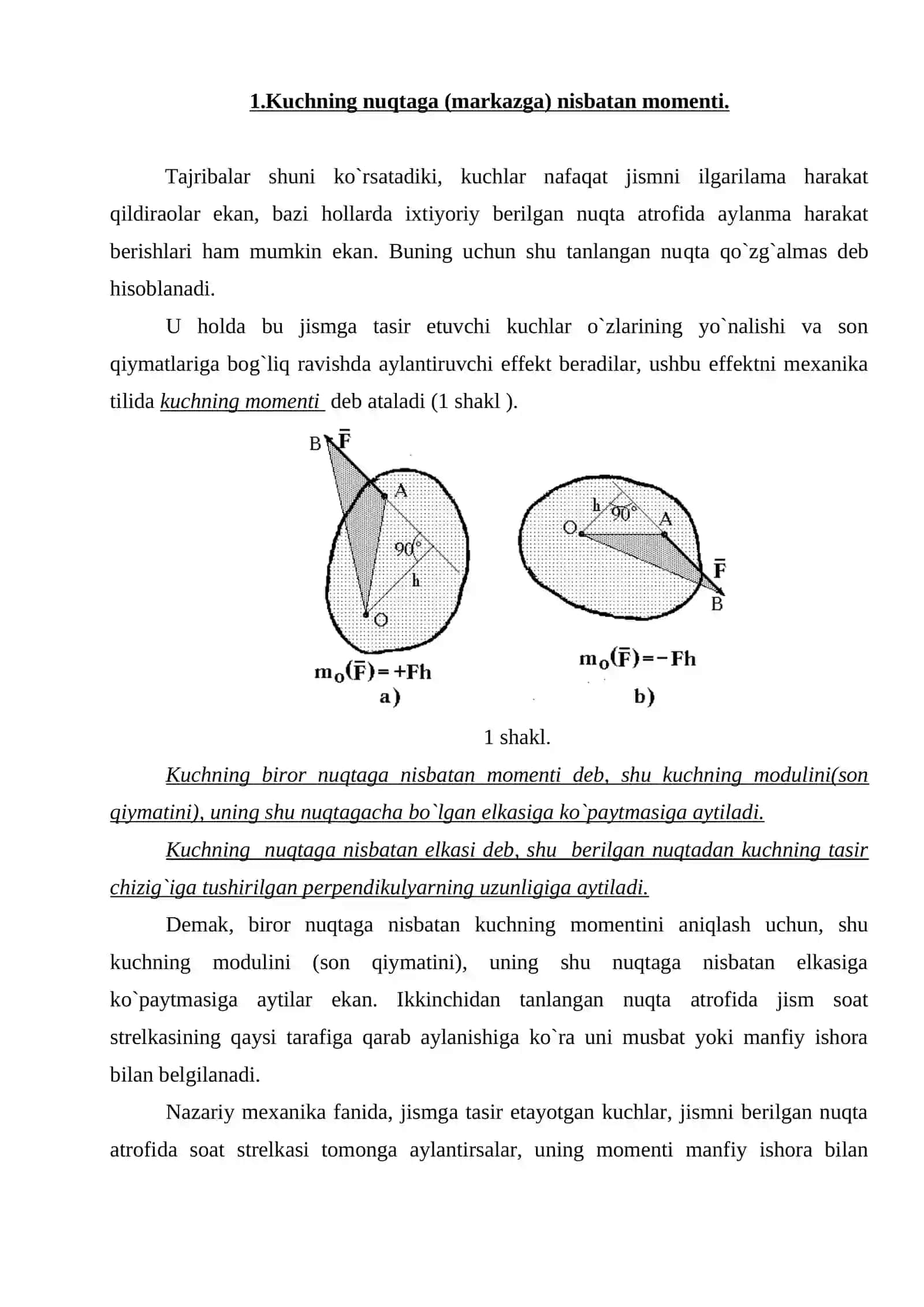 Kuchning nuqtaga va o`qqa nisbatan momenti 2