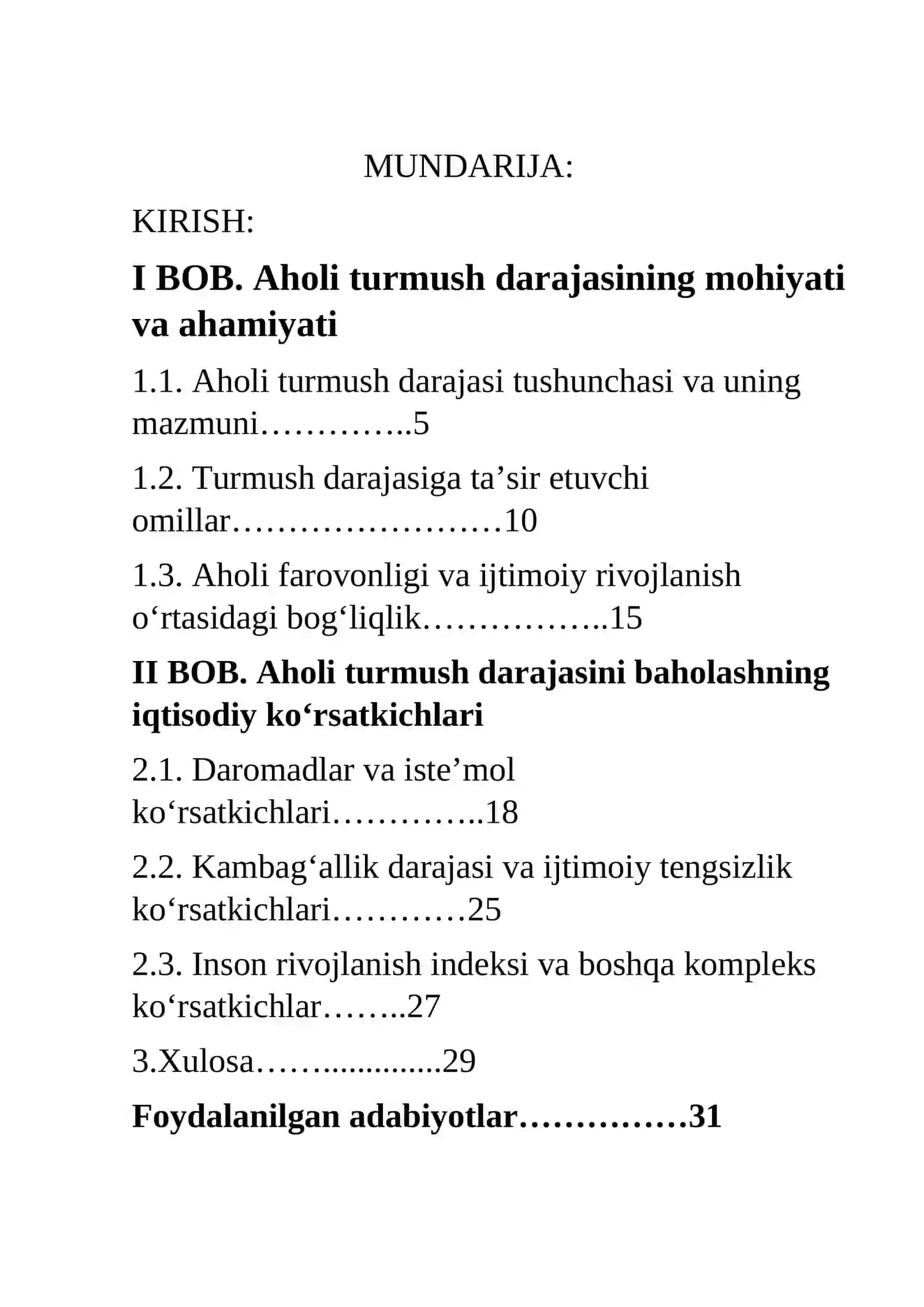 AHOLI TURMUSH DARAJASI VA UNI BAHOLASHNING IQTISODIY KO’RSATKICHLARI 2
