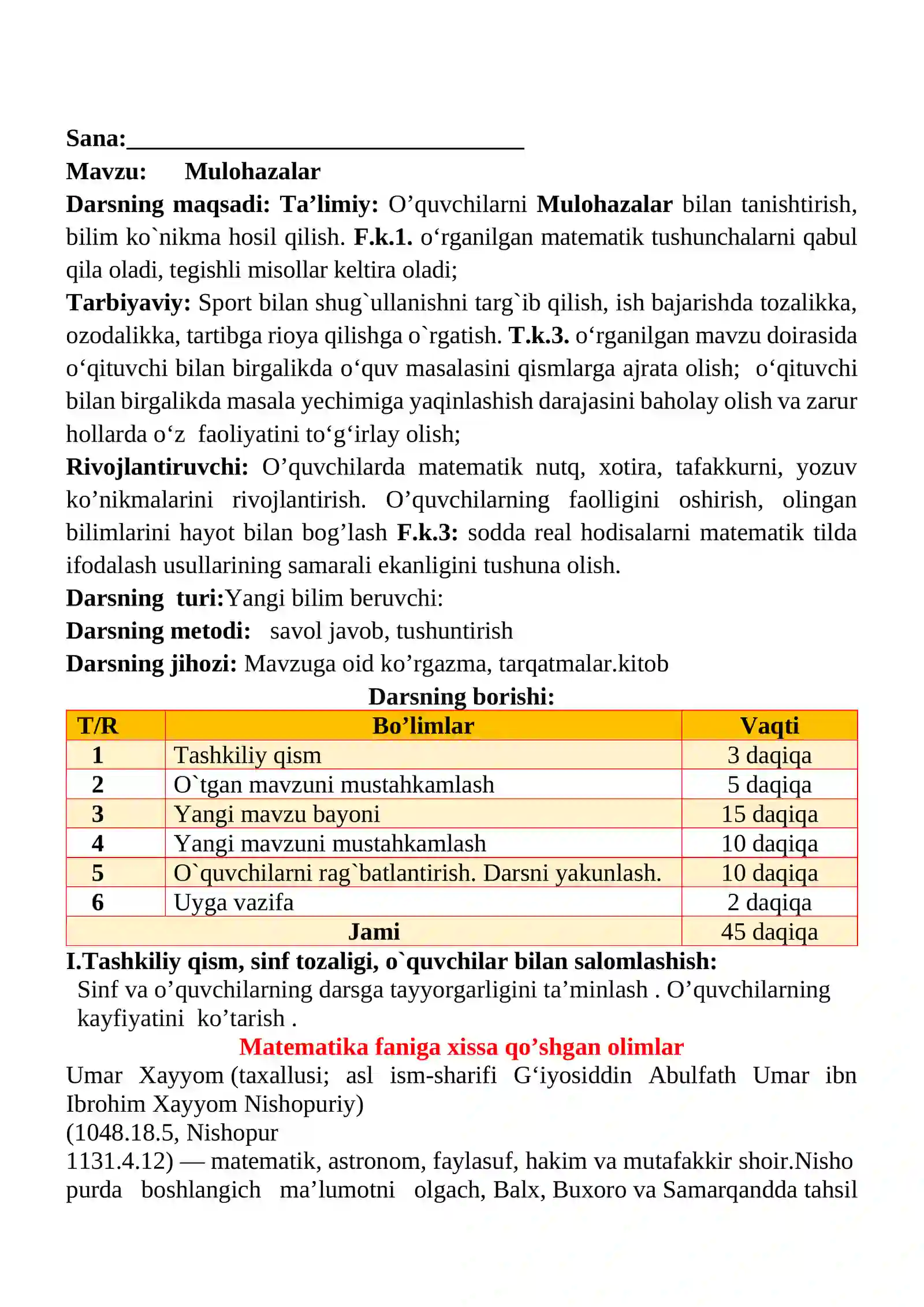 Mulohazalar mavzusida 3-sinf Matematika fanidan dars ishlanmasi 2