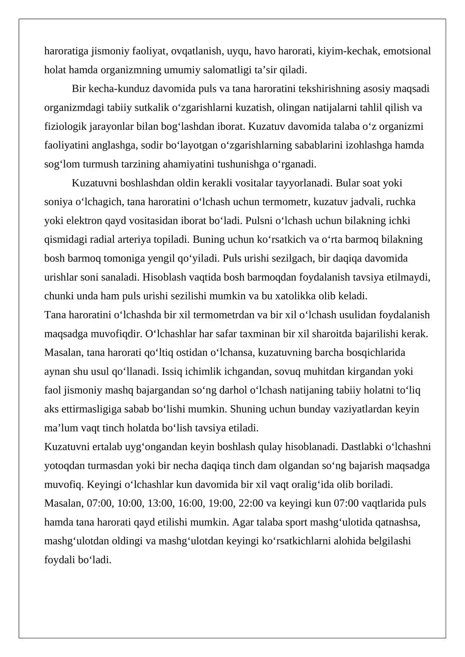 Bir kecha-kunduz davomida pulsni va tana haroratini tekshirish 2