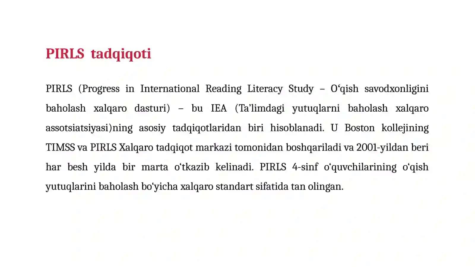 PIRLS 2021 tadqiqoti natijalari 2