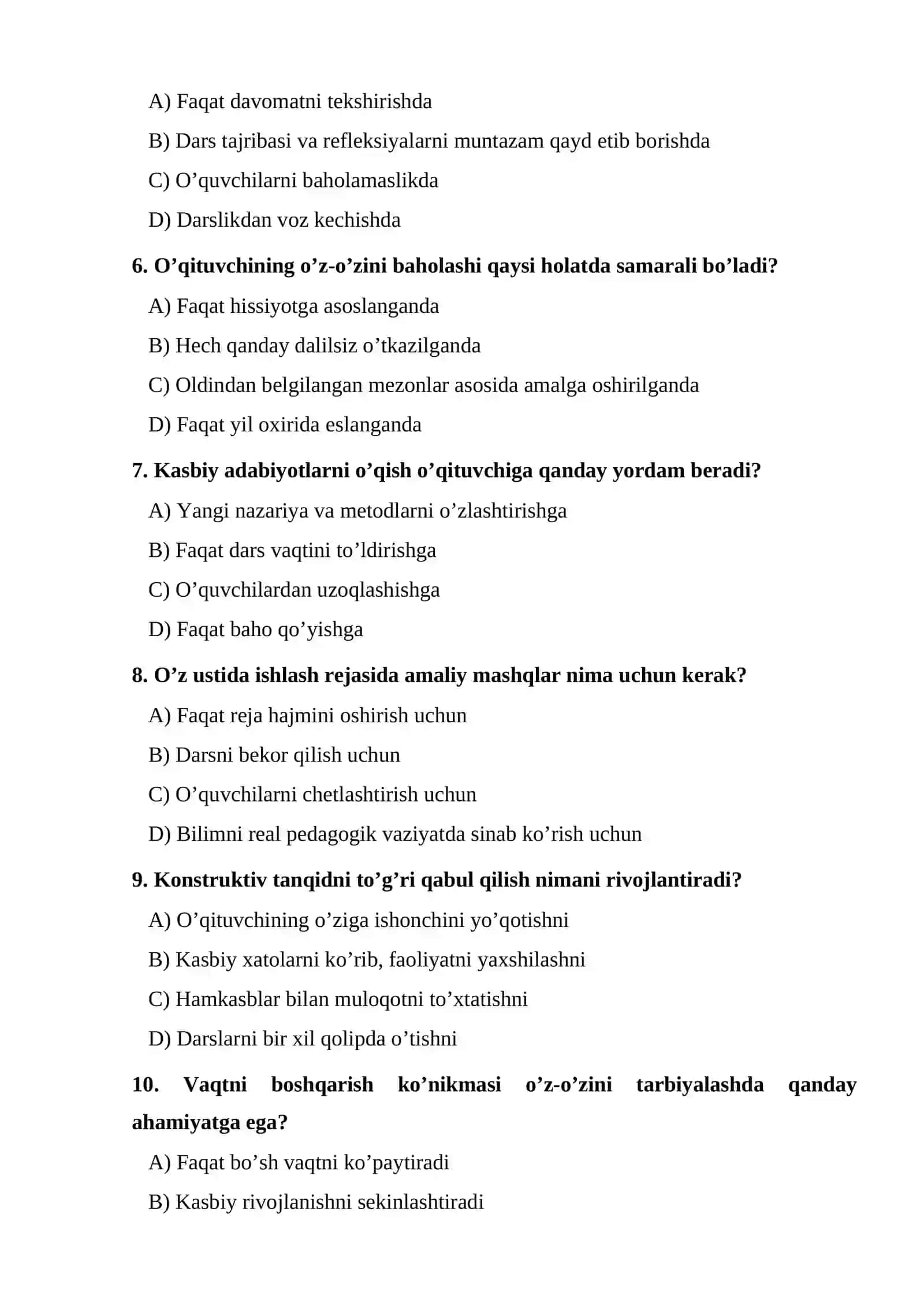 Pedagogik mahoratni rivojlantirishda o’z-o’zini tarbiyalash va o’z ustida ishlash TEST. 2