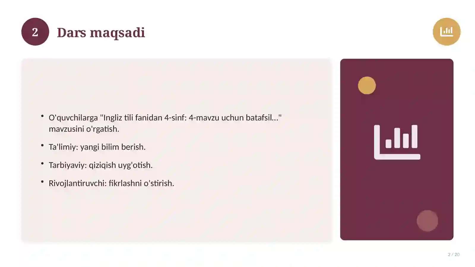 Ingliz tili fanidan 4-sinf: 4-mavzu uchun batafsil dars ishlanmasi 2