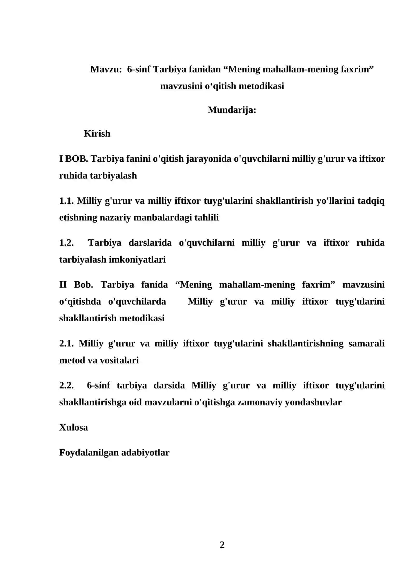 6-sinf Tarbiya fanidan “Mening mahallam-mening faxrim” mavzusini o‘qitish metodikasi 2