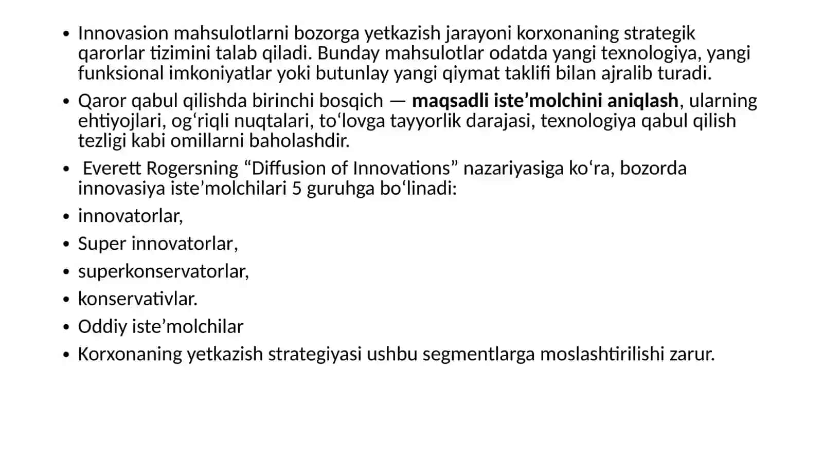 Innovasion mahsulotlarni iste'molchilarga etkazish boʻyicha qaror qabul qilish 2