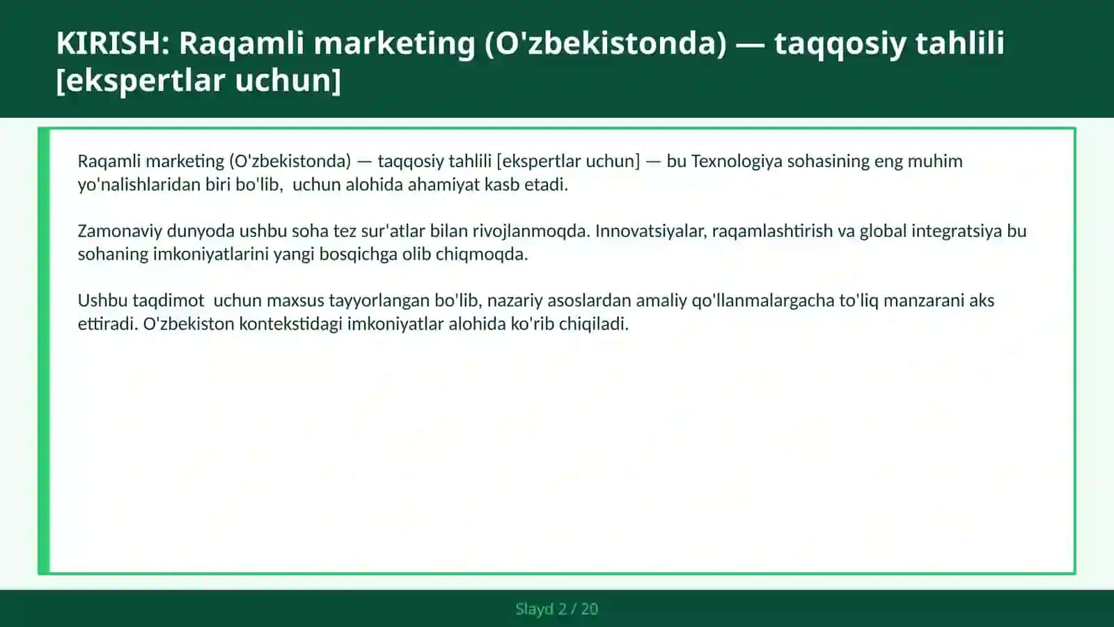 Raqamli marketing (O'zbekistonda) — taqqosiy tahlili [ekspertlar uchun] 2