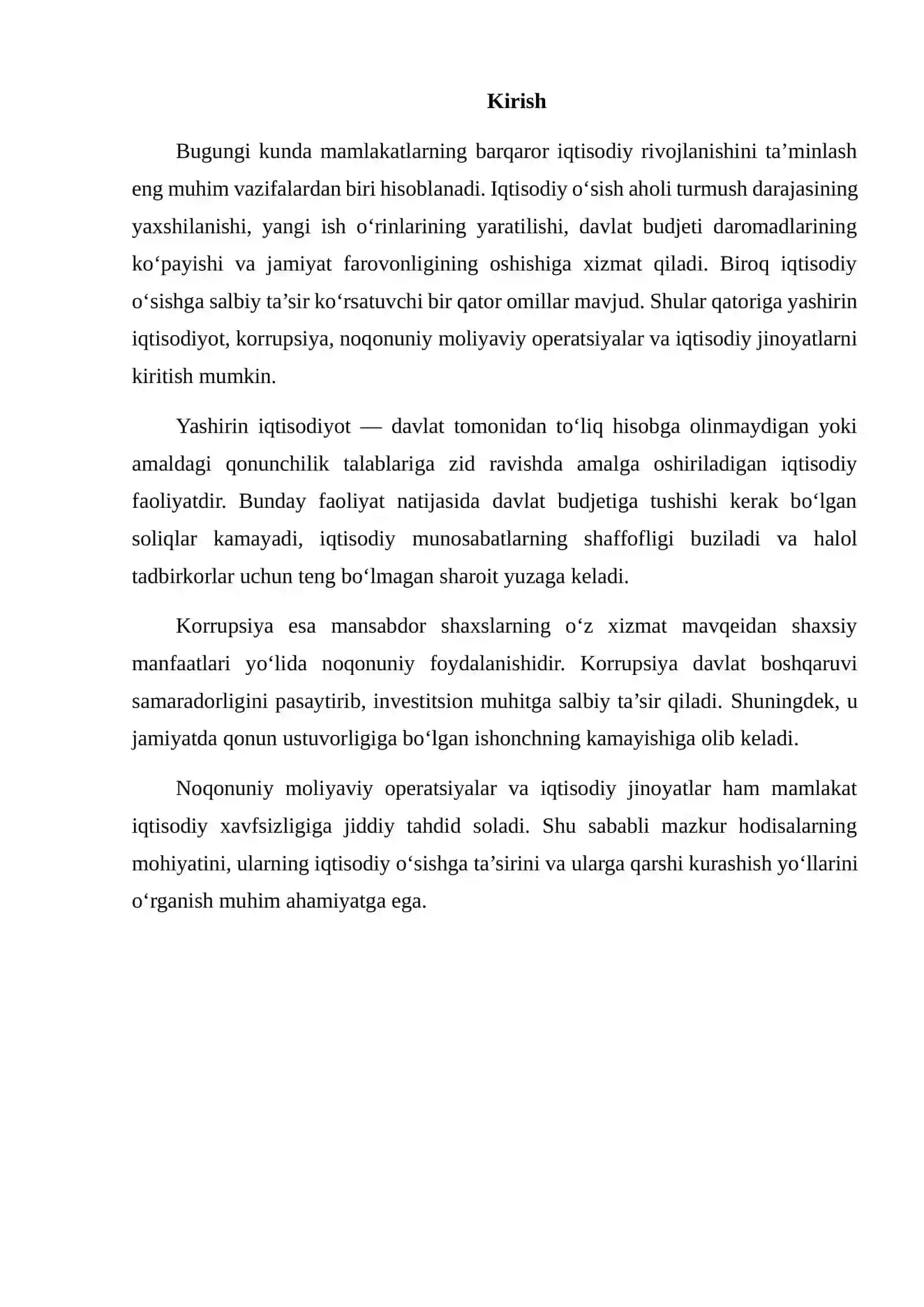 IQTISODIY O‘SISHGA XAVF TUG‘DIRUVCHI YASHIRIN IQTISODIYOT, KORRUPSIYA, NOQONUNIY MOLIYAVIY OPERATSIYALAR VA IQTISODIY JINOYATLARNING OQIBATLARI 2