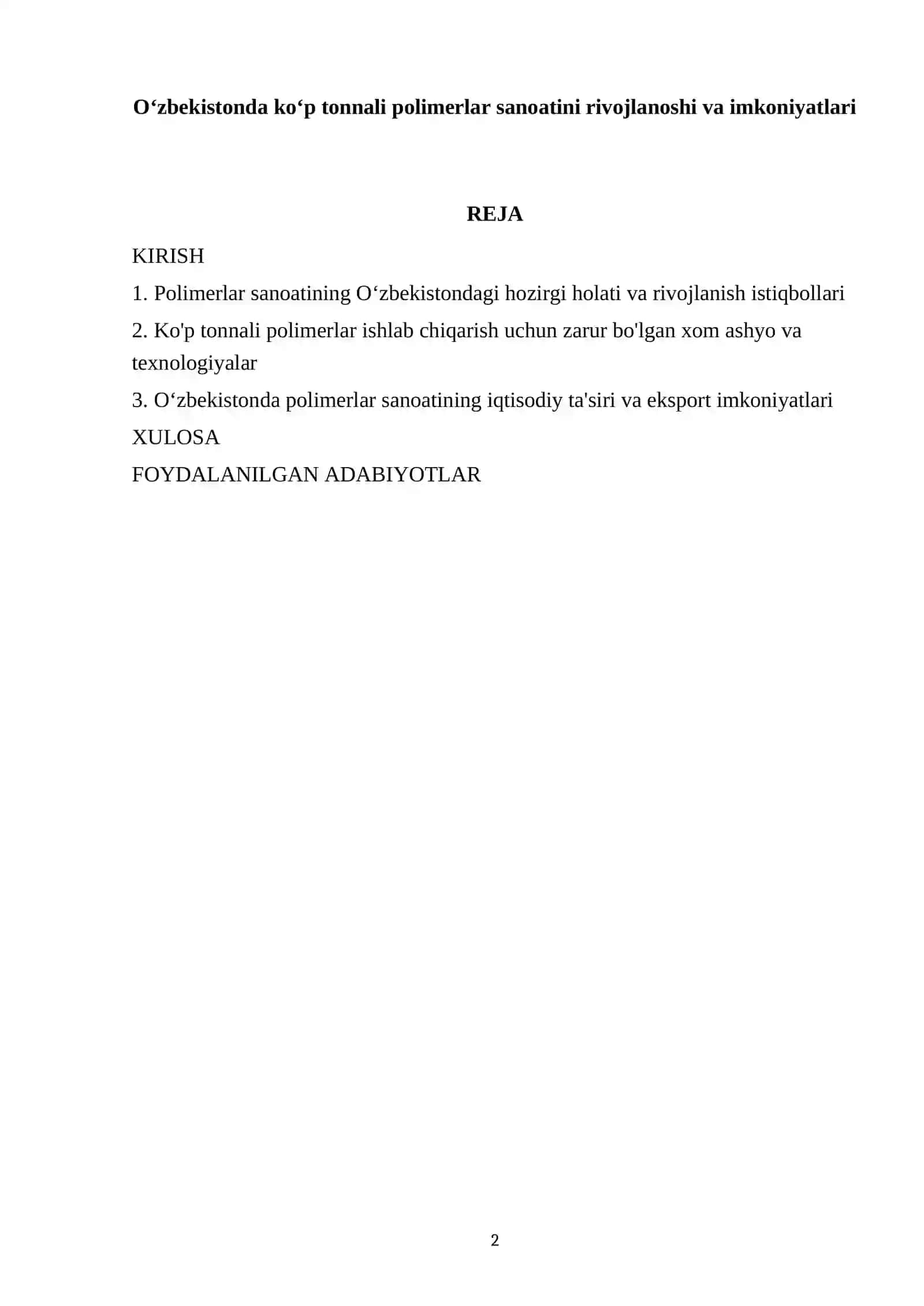Oʻzbekistonda koʻp tonnali polimerlar sanoatini rivojlanoshi va imkoniyatlari 2