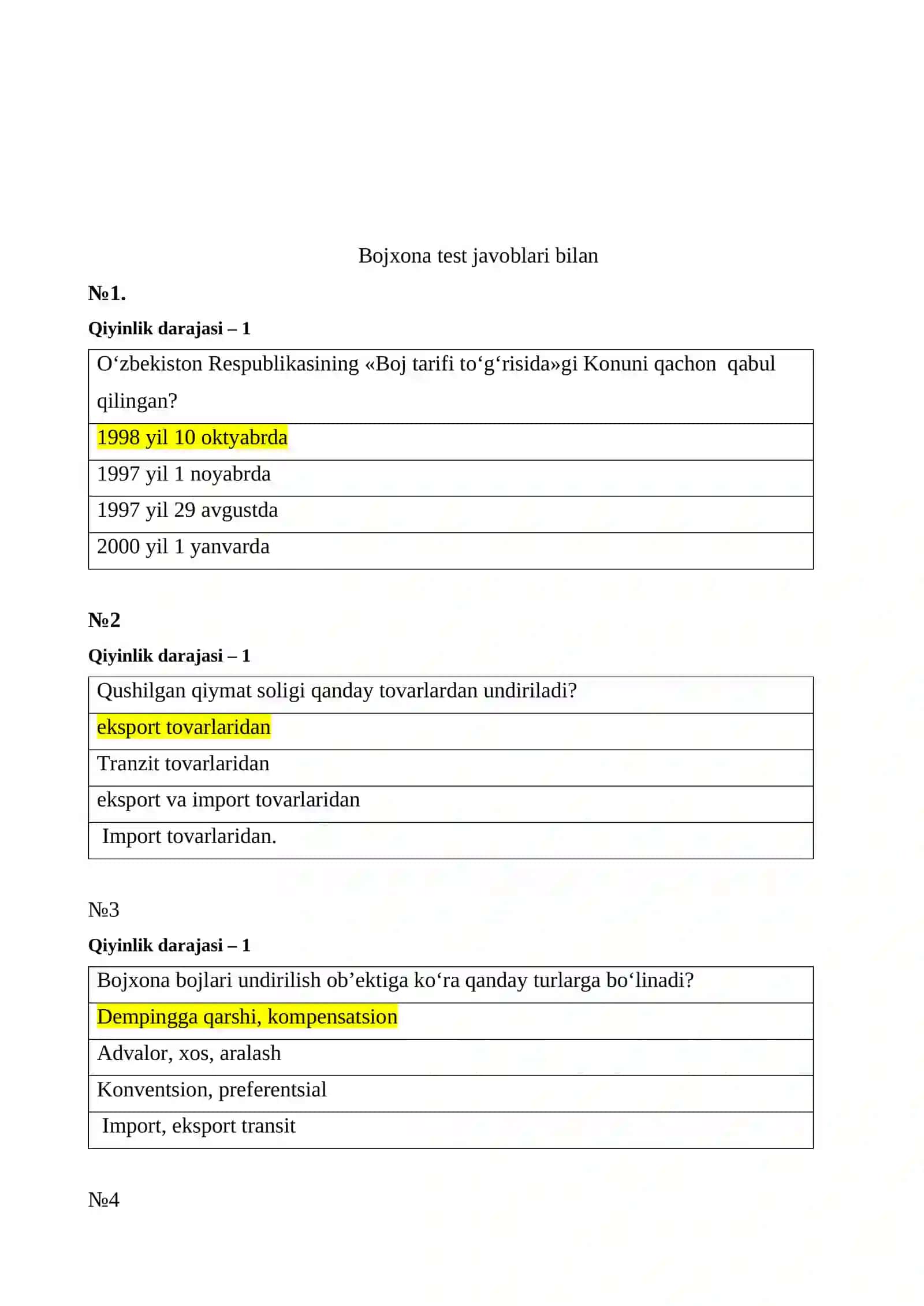 BOJXONA IDORALARIGA ISHGA KIRISH test SAVOL-JAVOBLARI 2