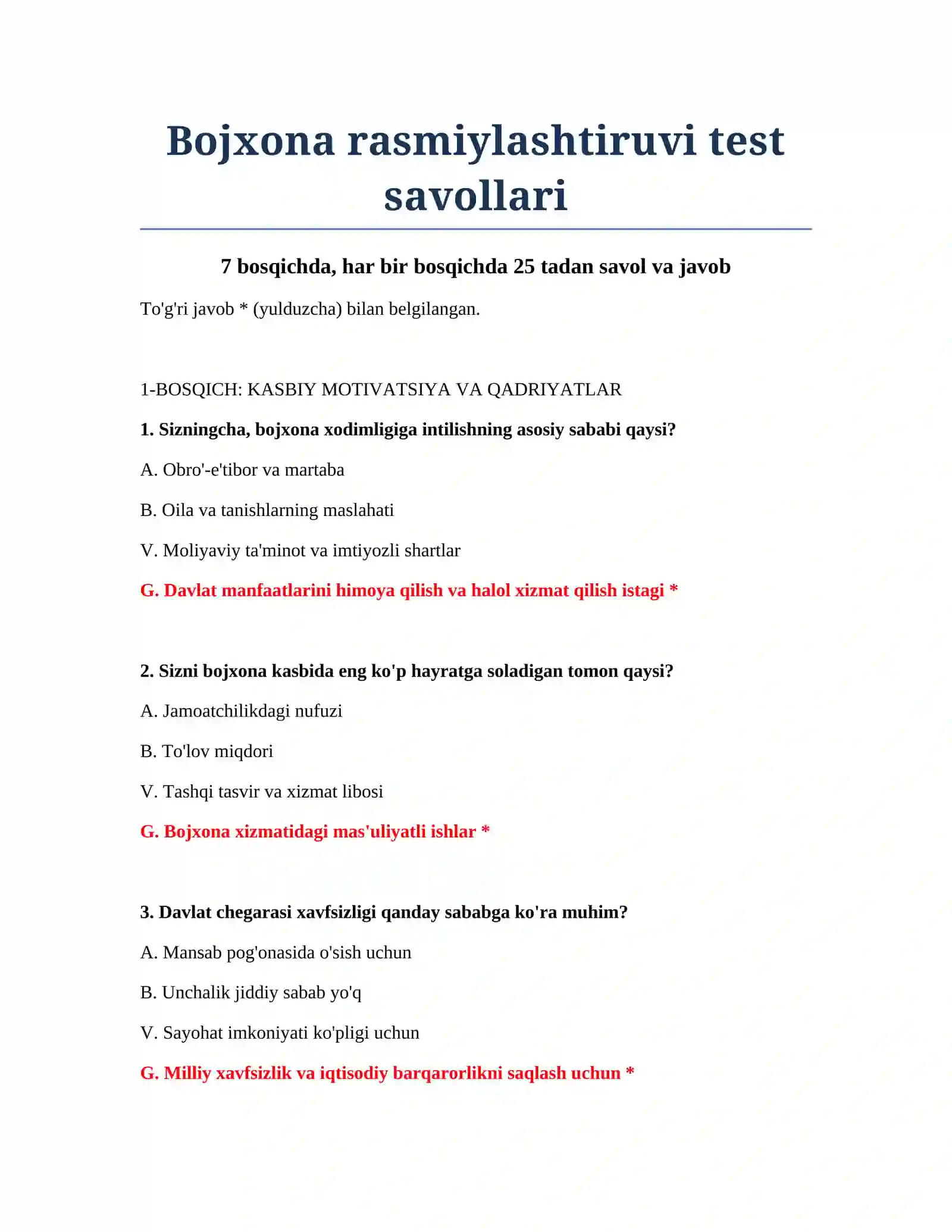 Bojxona rasmiylashtiruvi test savollari 2