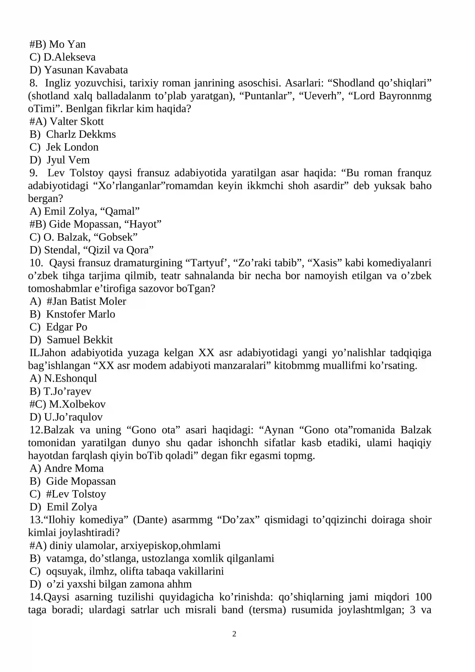 JAHON ADABIYOTT' famdan test savollan 2