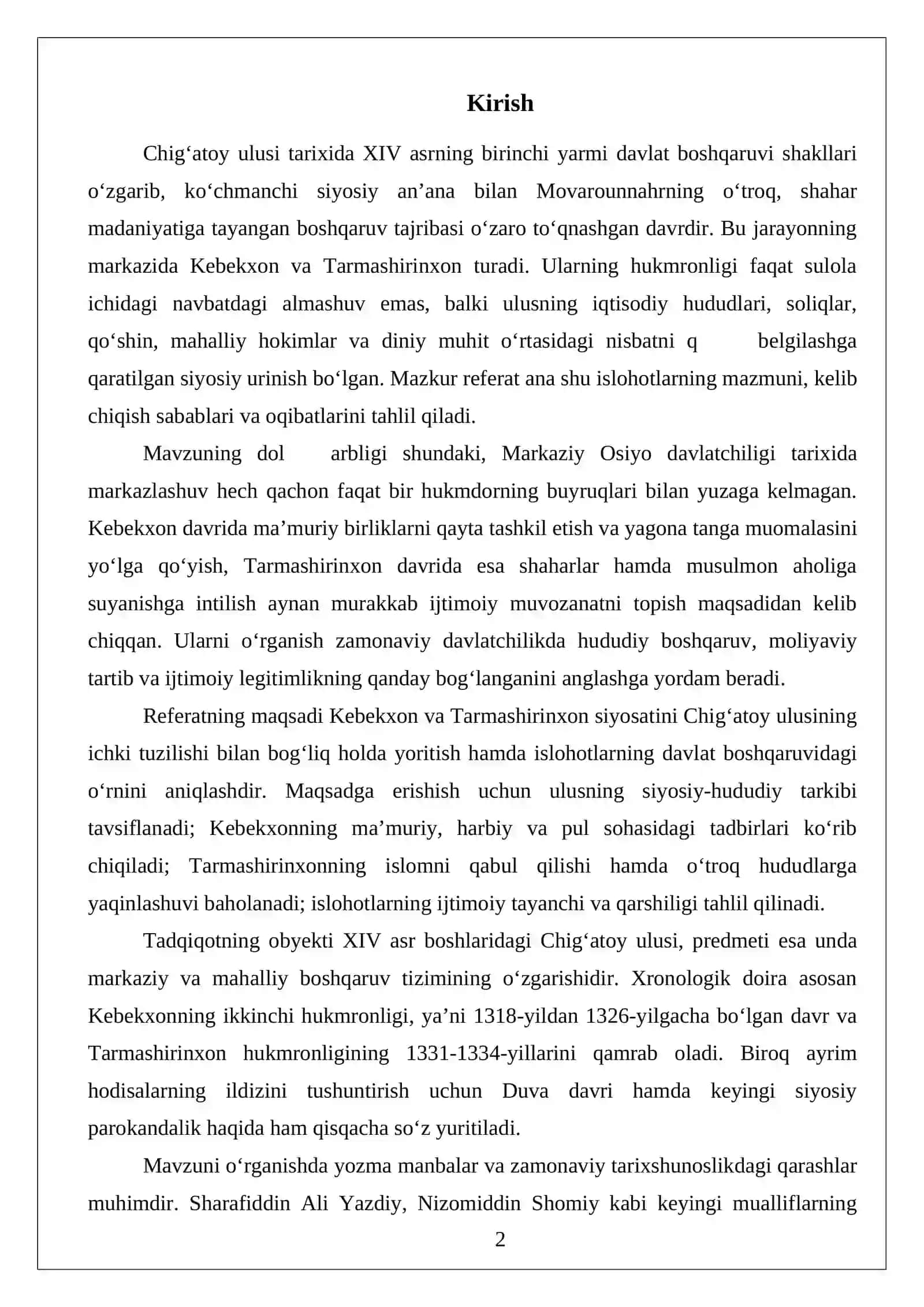 Kebekxon va Tarmashirinxon davrida Chig‘atoy ulusidagi davlat boshqaruvi islohotlari 2