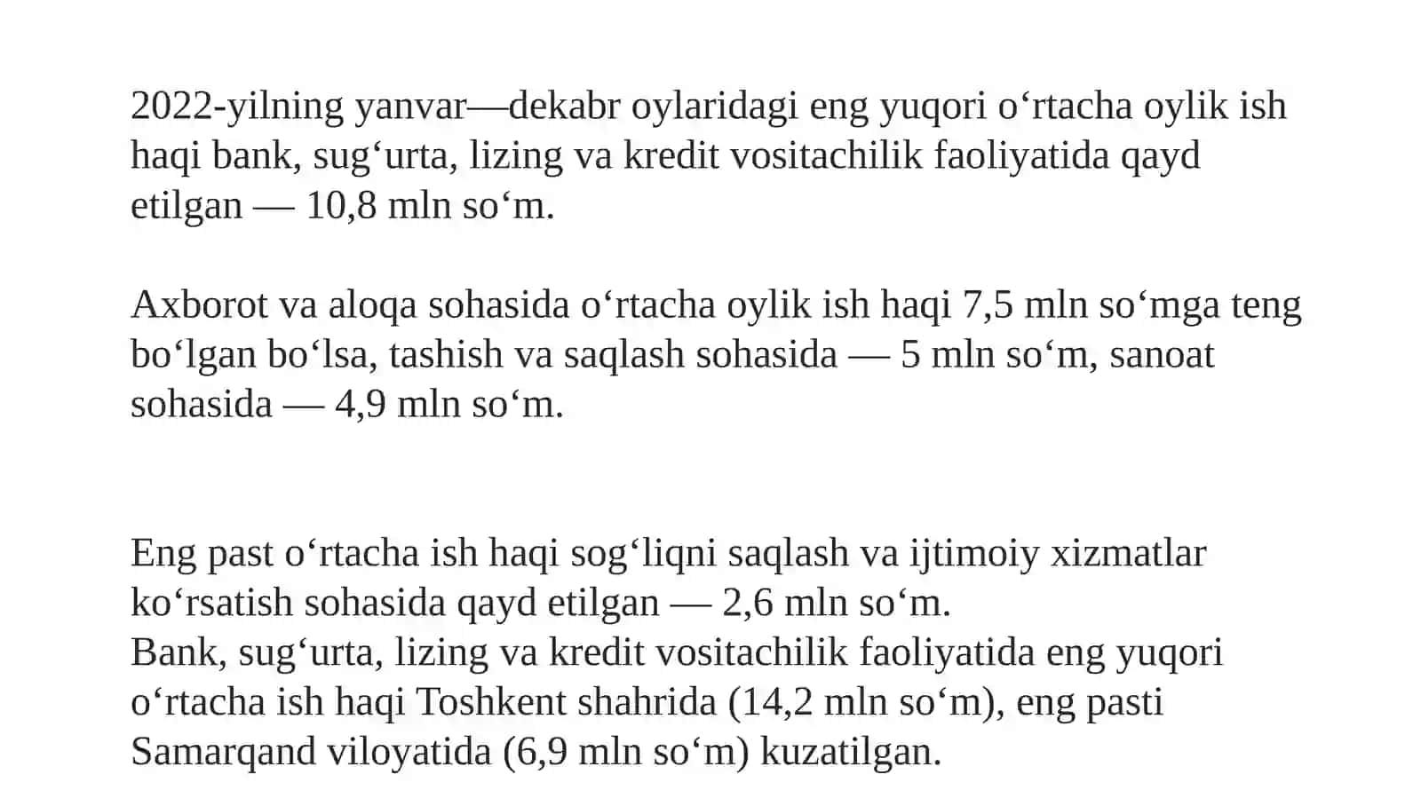 Bank, sug'urta, lizing va kredit vositachilik faoliyatida o‘rtacha ish haqi 2