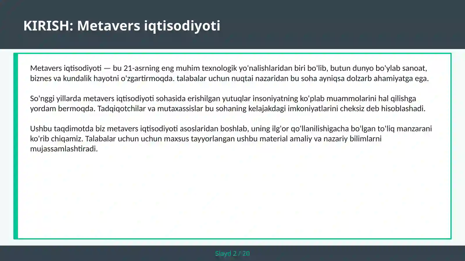 METAVERS IQTISODIYOTI 2