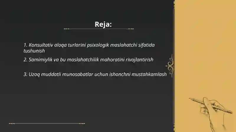 Psixologik maslahatchi tomonidan konsultativ aloqani qo‘llash malakalari 2