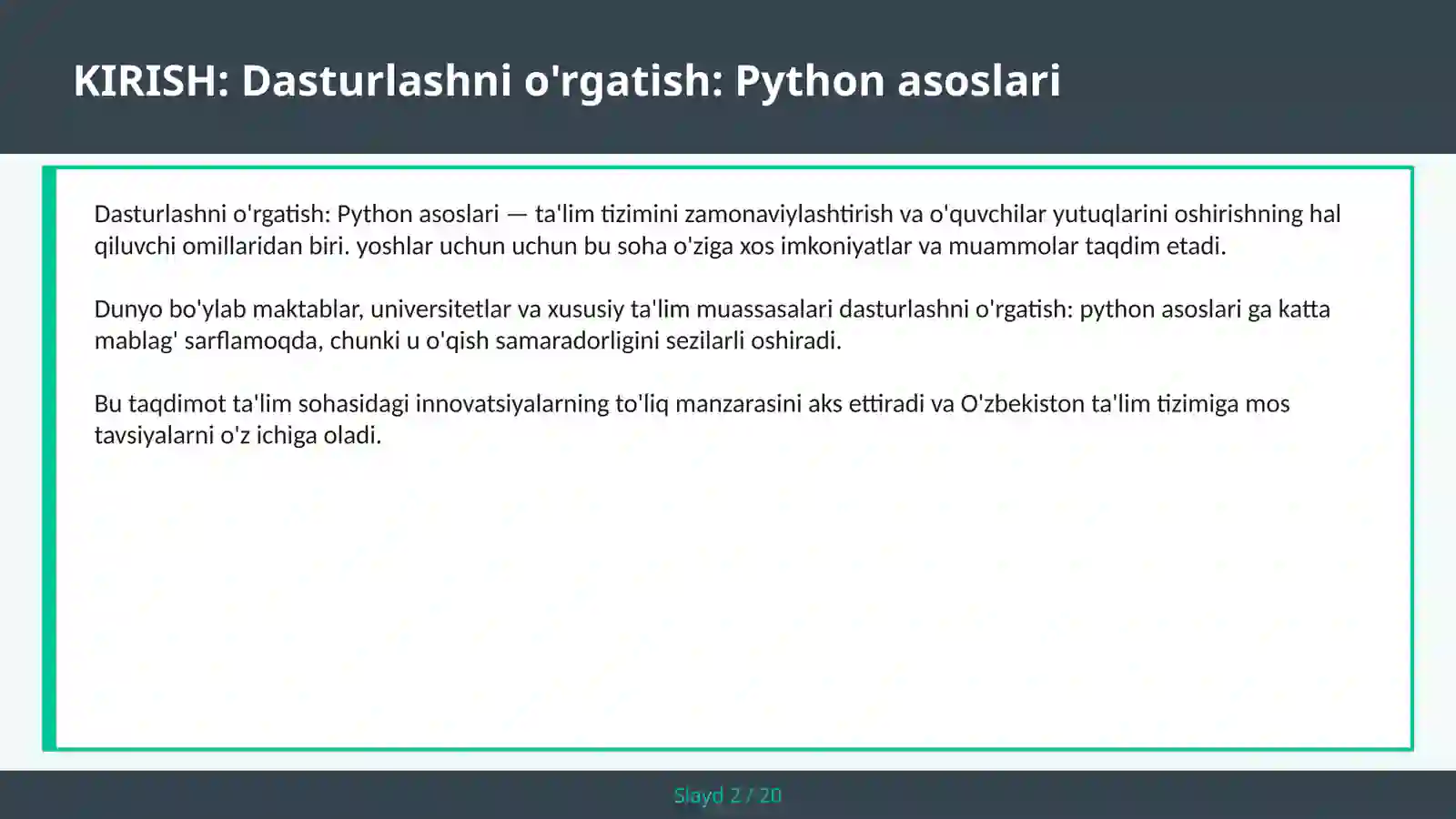 Dasturlashni o'rgatish: Python asoslari 2