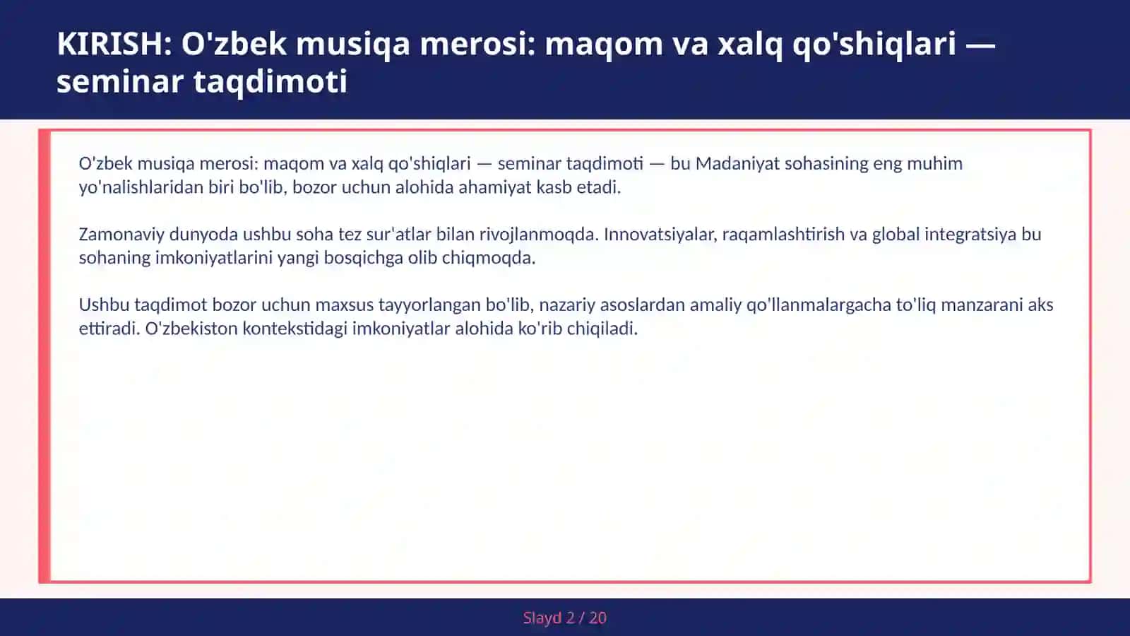 O'zbek musiqa merosi: maqom va xalq qo'shiqlari — seminar taqdimoti 2