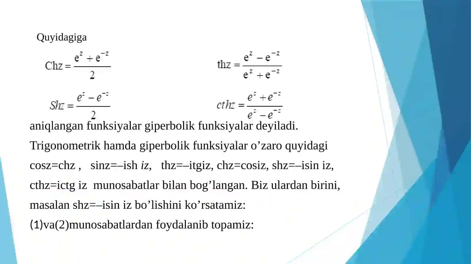 Giperbolik va teskari giperbolik funksiyalar 2