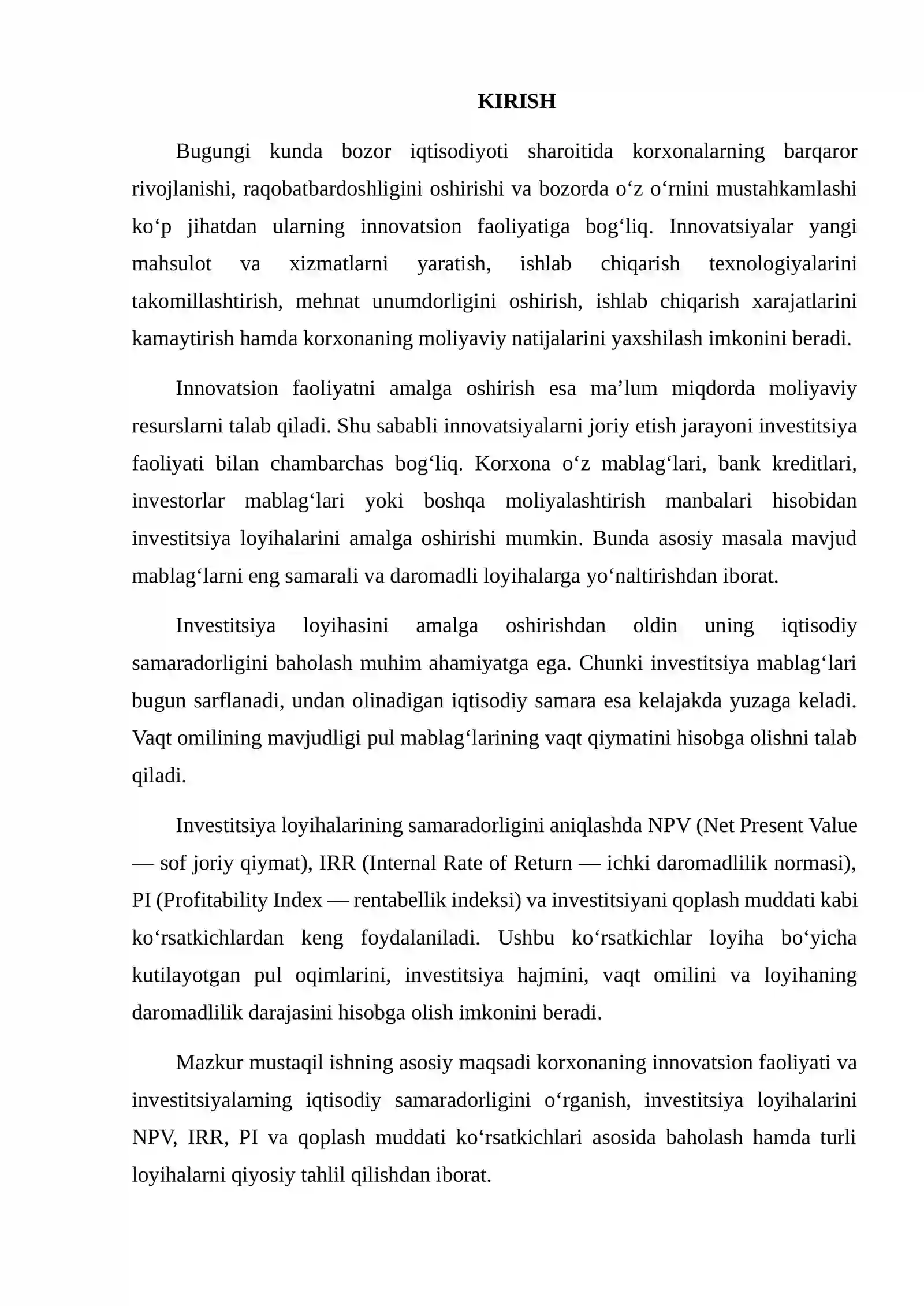 Korxonaning innovatsion faoliyati va investitsiyalarning iqtisodiy samaradorligini qiyosiy tahlil qilish 2