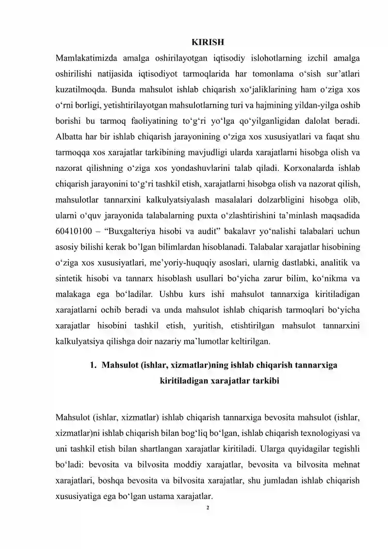 MAHSULOT TANNARXIGA KIRITILADIGAN XARAJATLAR HISOBI mavzusi bo'yicha kurs ishi 2