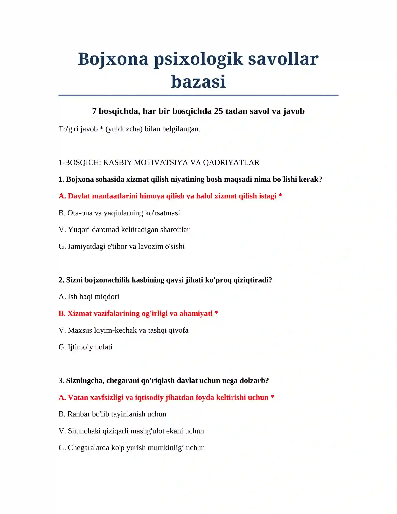 Bojxona psixologik savollar bazasi 2