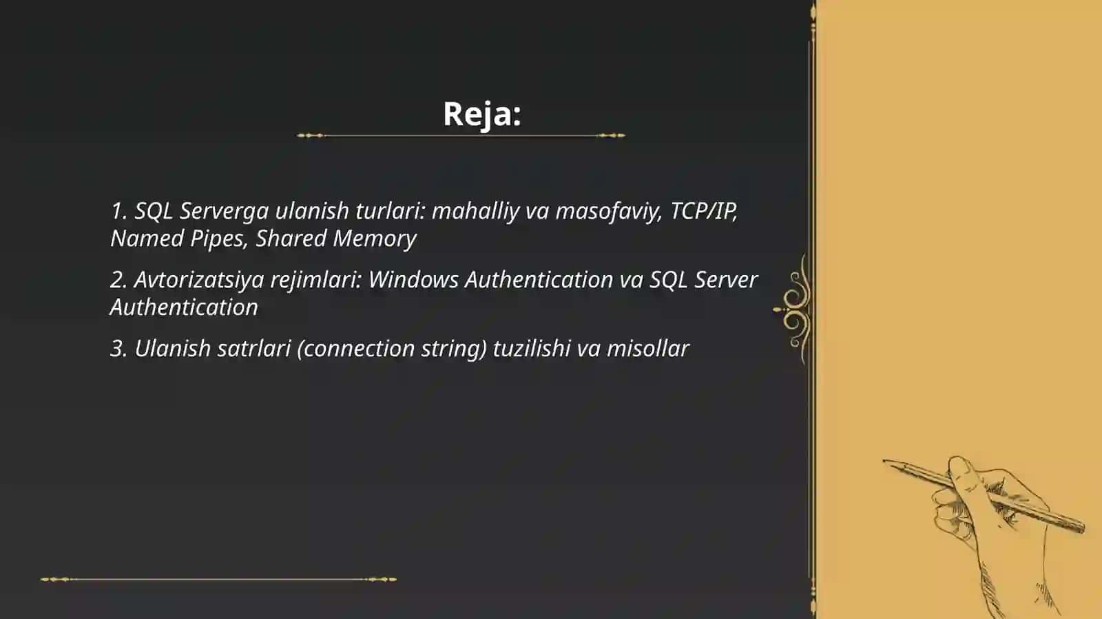 SQL serverda ulanish SQL serverda cheklashlar Mauvzusi bõyicha taqdimot tayyorlash 2