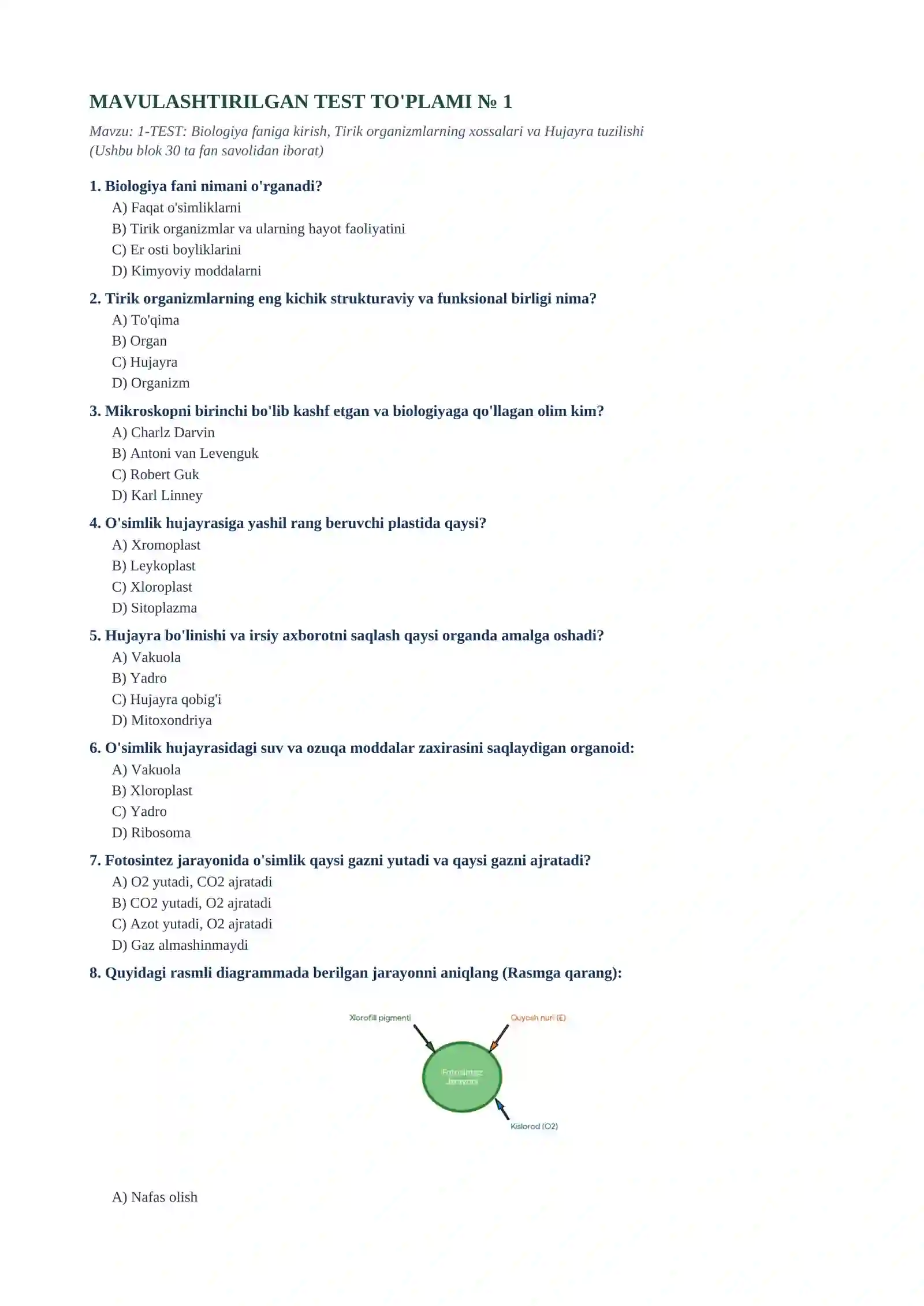 5- sinf Biologiya , mavzulashtirilgan testlar to'plami 2