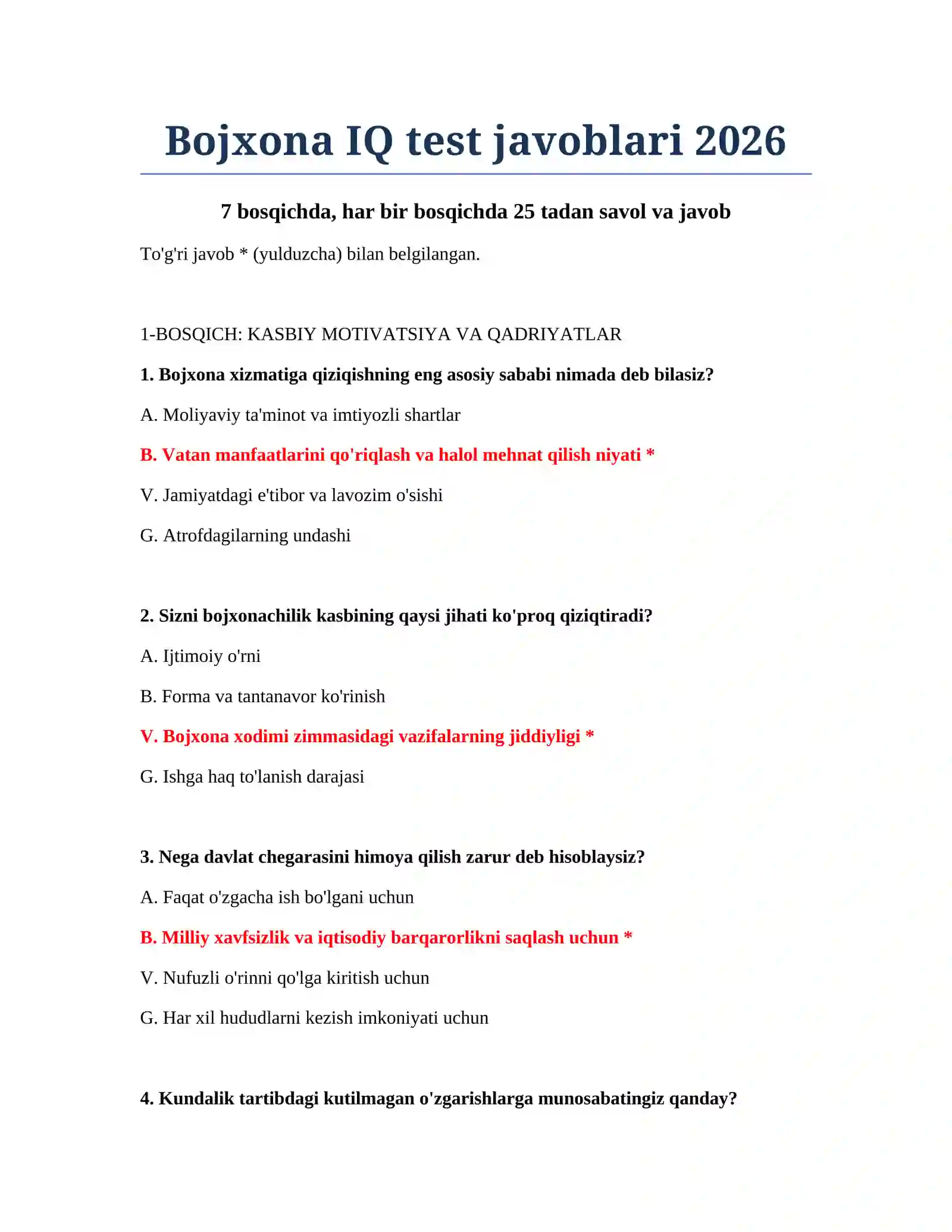 Bojxona IQ test javoblari 2026 2