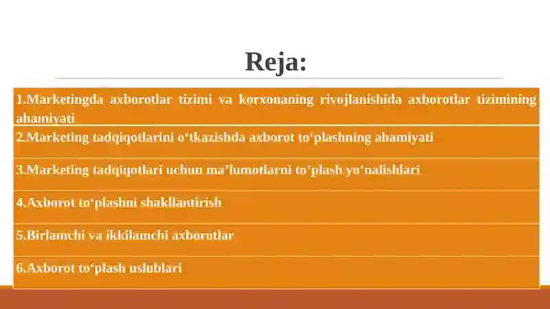 Marketing tadqiqotlari va o'ziga xos axborotlar tizimi 2