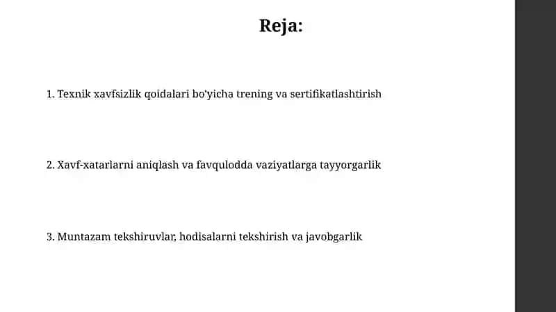 Korxona tashkilotlarida hodimlarni texnika xavfszligi qoidalaridan Ôtgazish 2