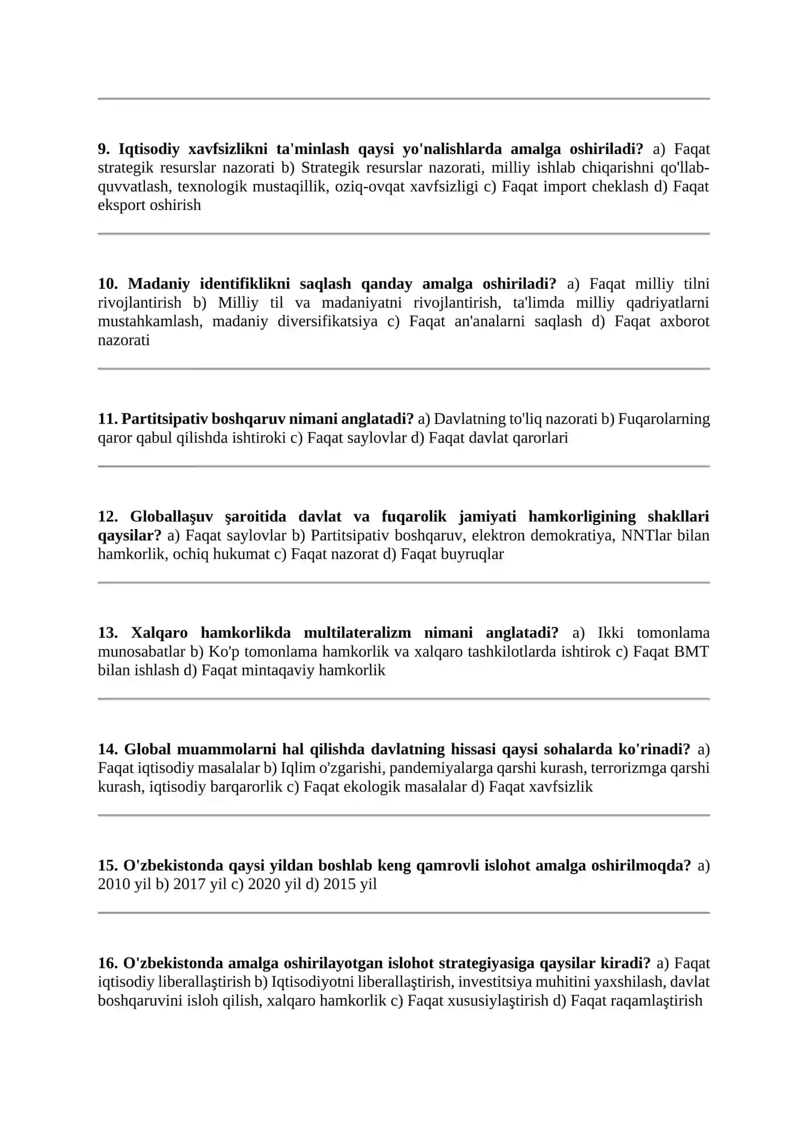 GLOBALLAŞUV ŞAROITIDA DAVLATNING ROLI BO'YICHA TEST SAVOLLARI 2