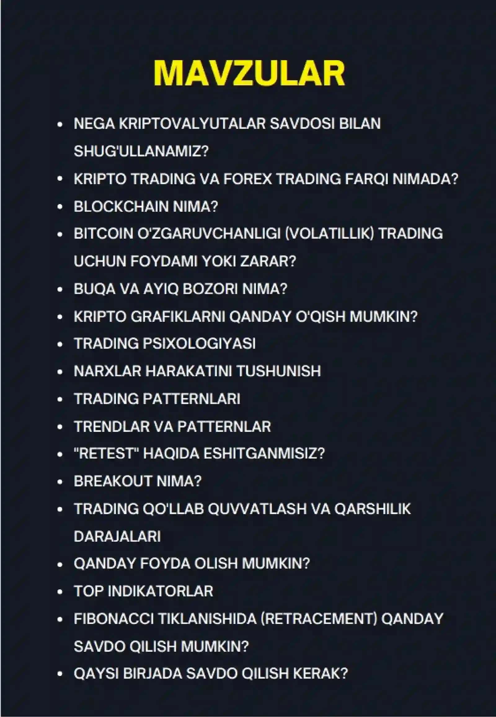 TRADING UZ yo’piq kanali o’quvchilari uchun trading crypto valyuta sohasi uchun o’quv qo’llanma 2