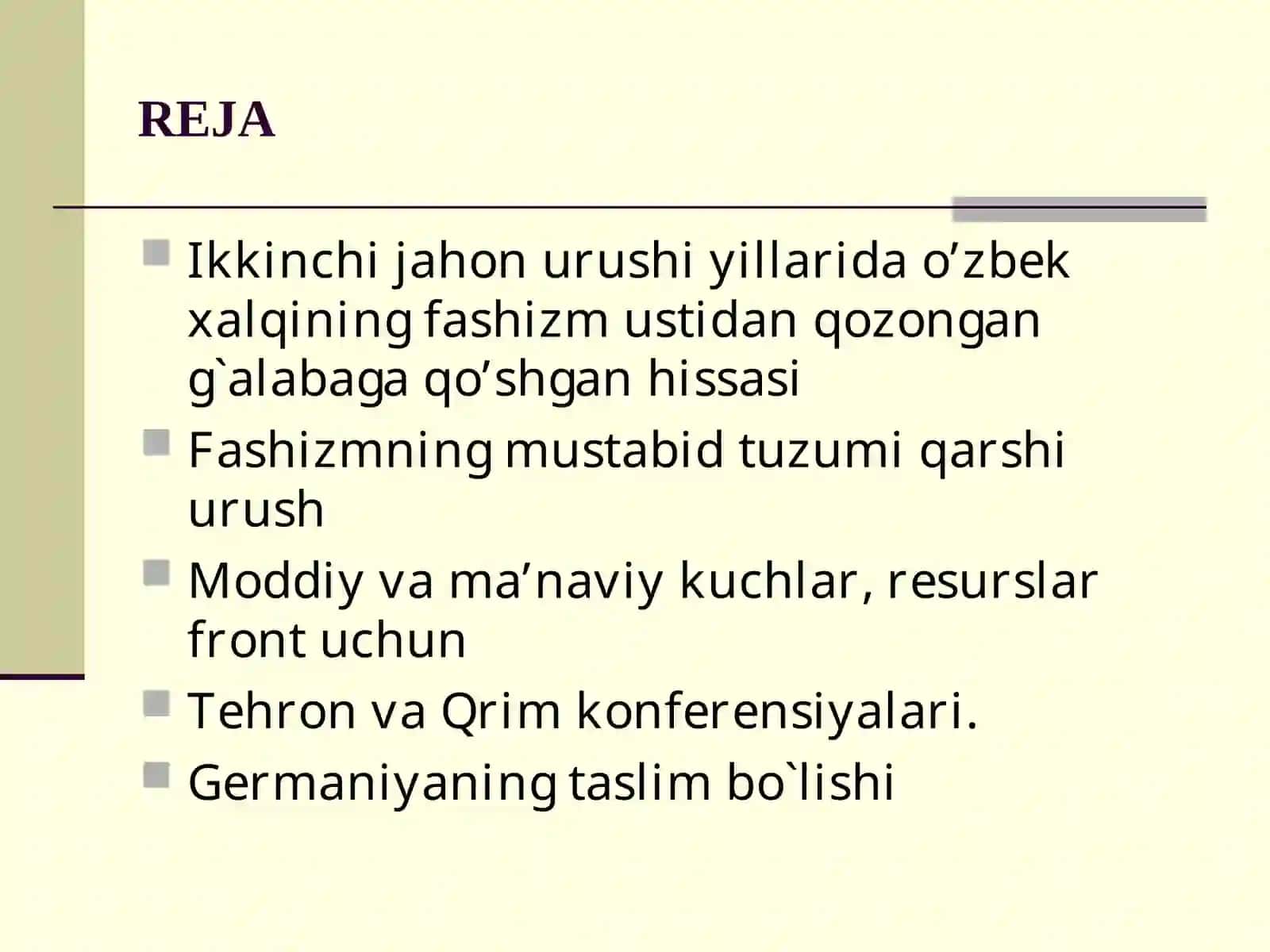 Ikkinchijahonurushi yillaridao’zbek xalqiningfashizm ustidanqozongan g`alabaga qo’shganhissasi 2