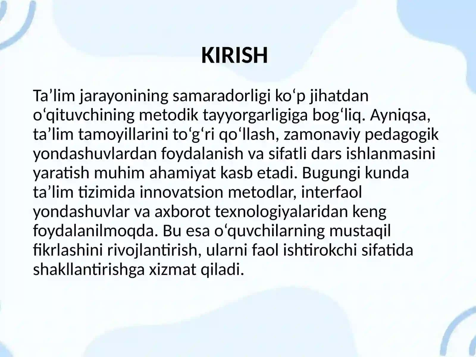 TAMOYILLARNI AMALIY MISOLLARDA QO‘LLASH, ZAMONAVIY YONDASHUVLAR BO‘YICHA DARS ISHLANMASI TAYYORLASH VA TAQDIMOT QILISH 2