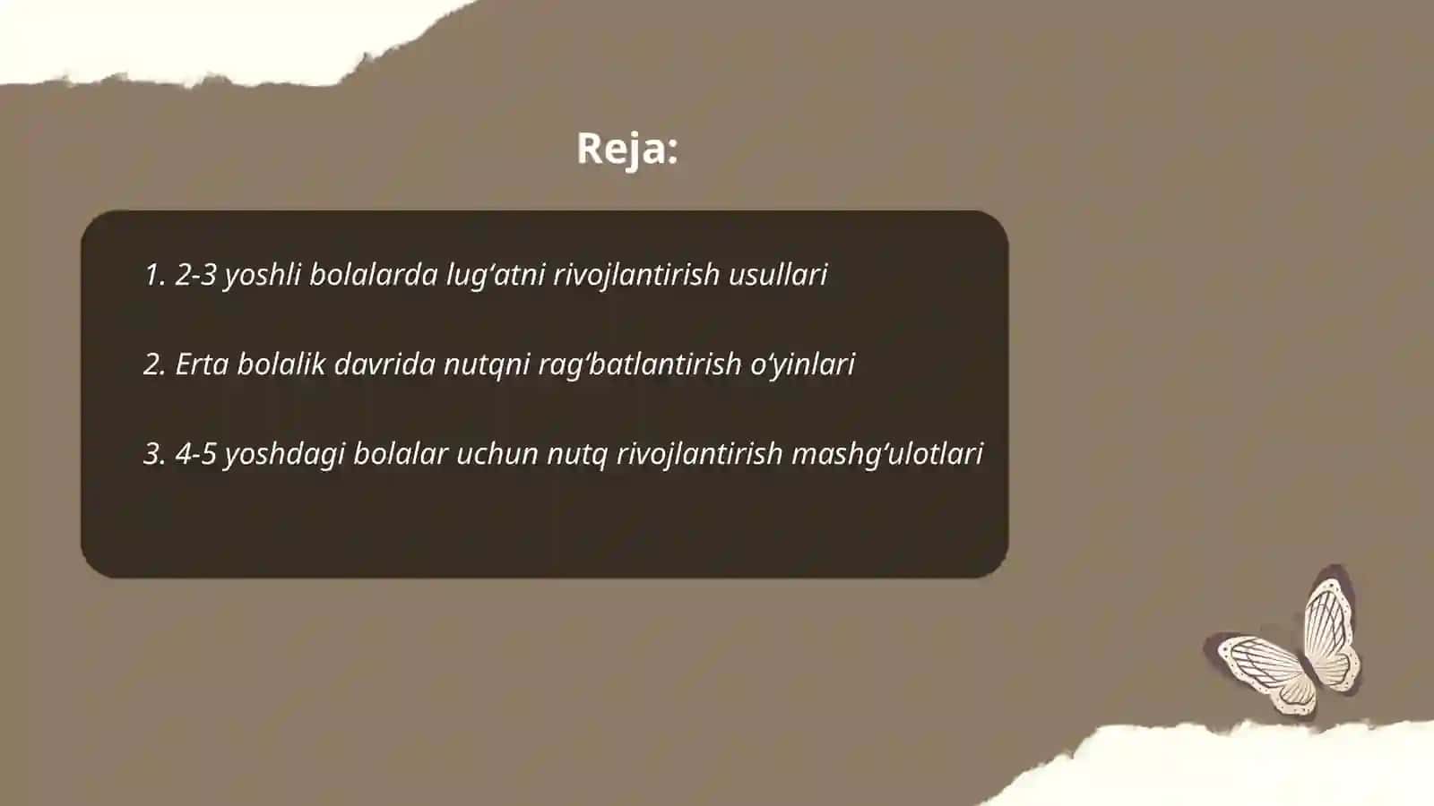 Nutq kamchiligiga ega turli yosh guruhlar uchun bolalarda lugʻatni rivojlantirish va shakllantirish boʻyicha mashgʻulot ishlanmalarini tuzish 2