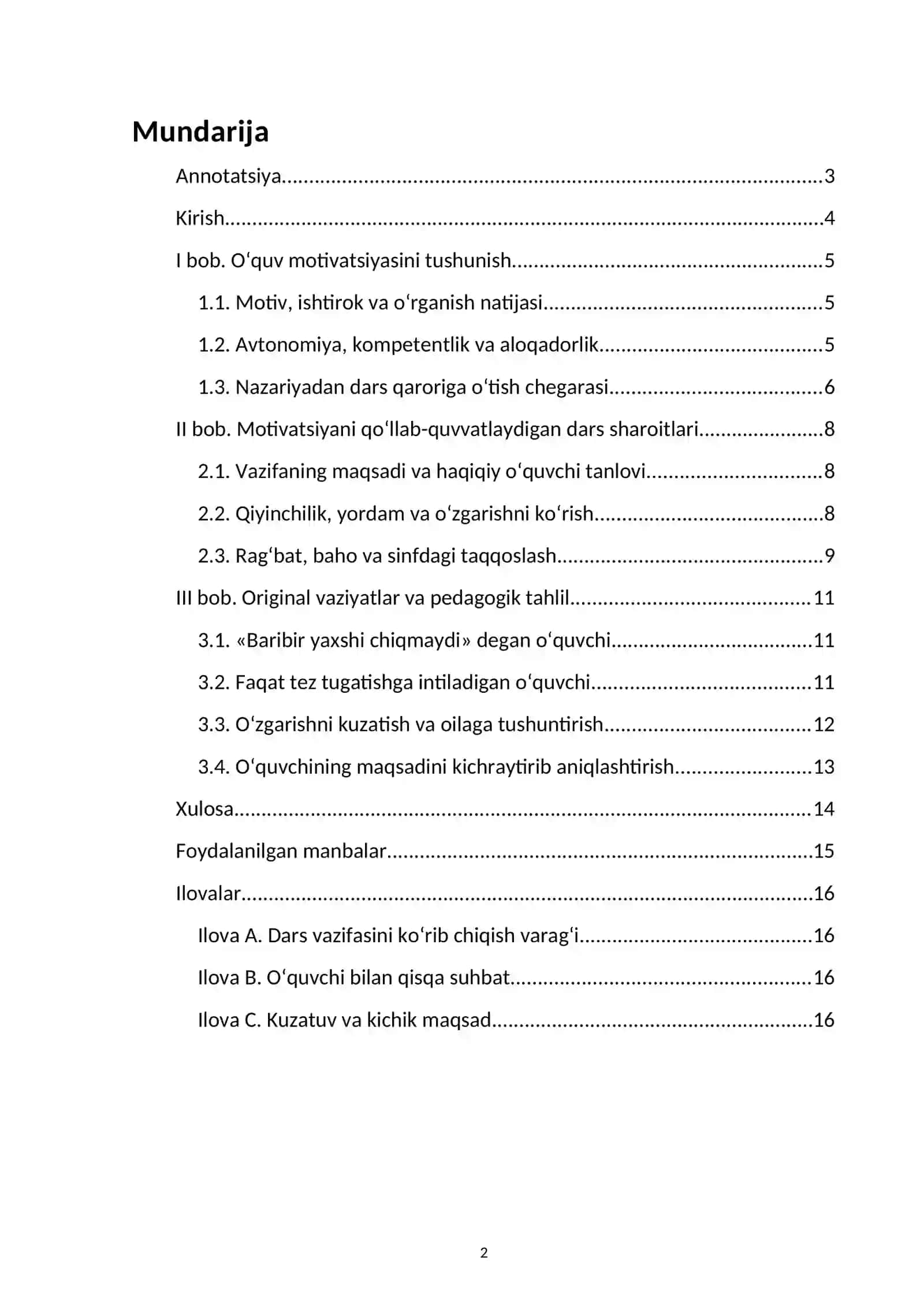 O‘quv motivatsiyasini qo‘llab-quvvatlash: mazmunli vazifa, tanlov va sinfdagi munosabat — kurs ishi namunasi 2