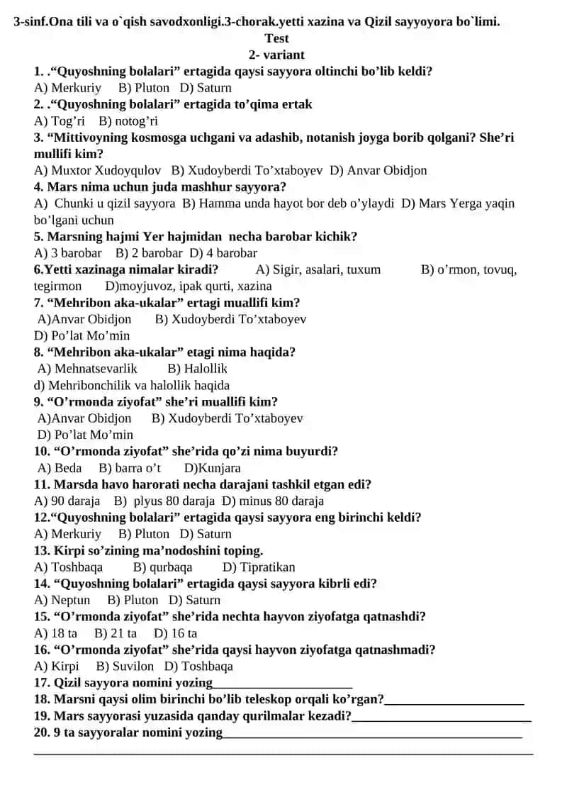 3-sinf.Ona tili va o`qish savodxonligi.3-chorak.yetti xazina va Qizil sayyoyora bo`limi 2