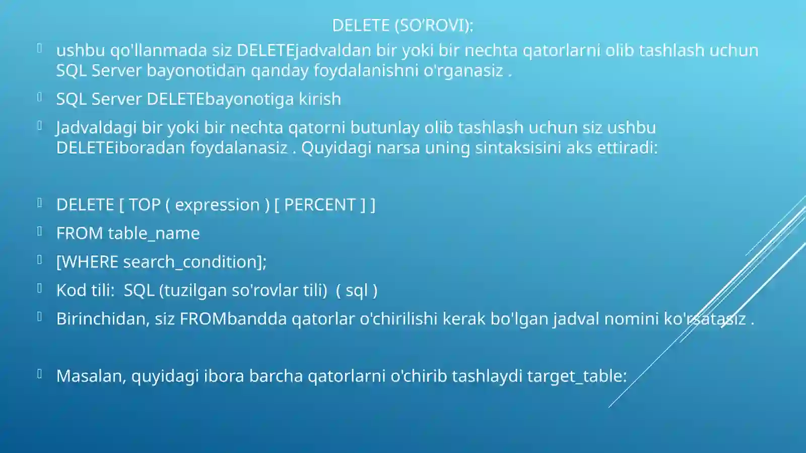 SQLserverda Update (yangilash), delete (o’chirish), so’rovlari va ularning vazifalari 2