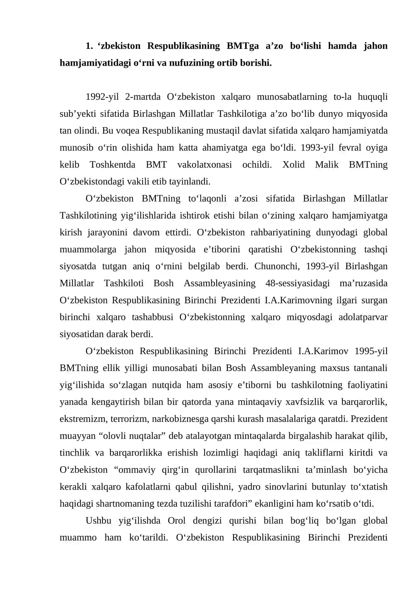 O'zbekiston Respublikasining BMTga a’zo bo‘lishi hamda jahon hamjamiyatidagi o‘rni va nufuzining ortib borishi 2