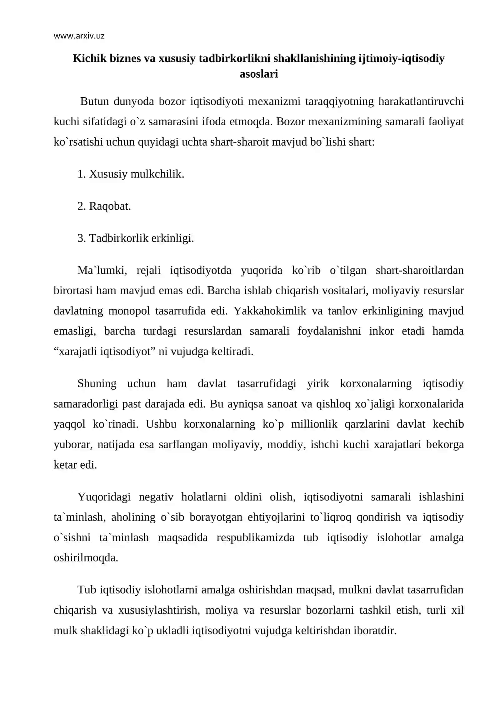 Kichik biznes va xususiy tadbirkorlikni shakllanishning ijtimoiy-iqtisodiy asoslari 2