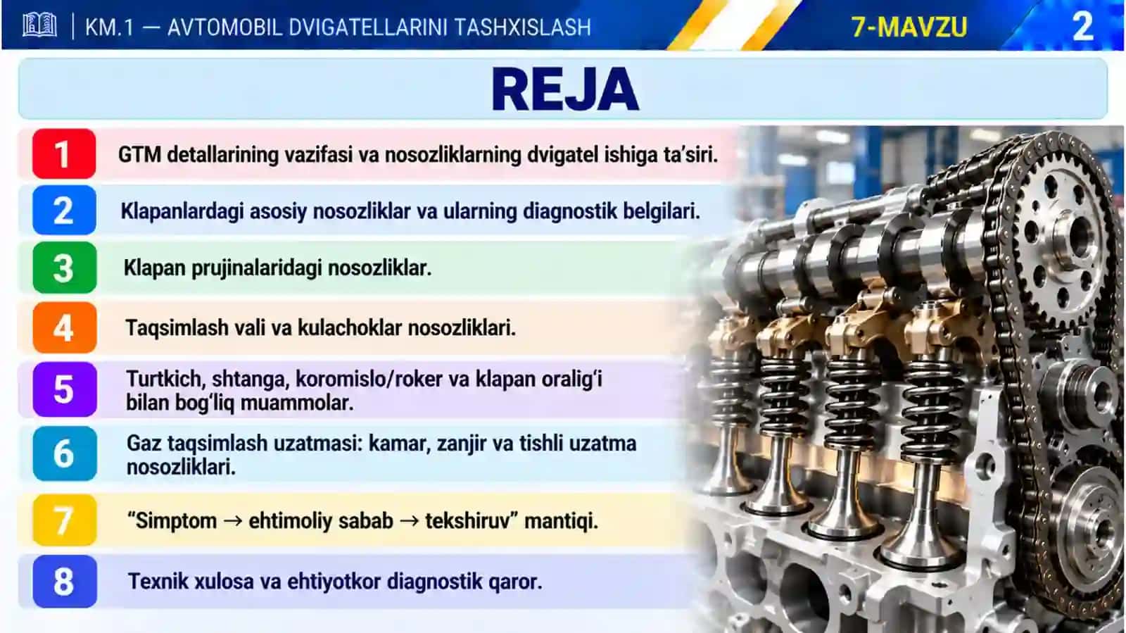 7-mavzu. Klapanlar, prujinalar, taqsimlash vali va uzatmalarning nosozliklari 2