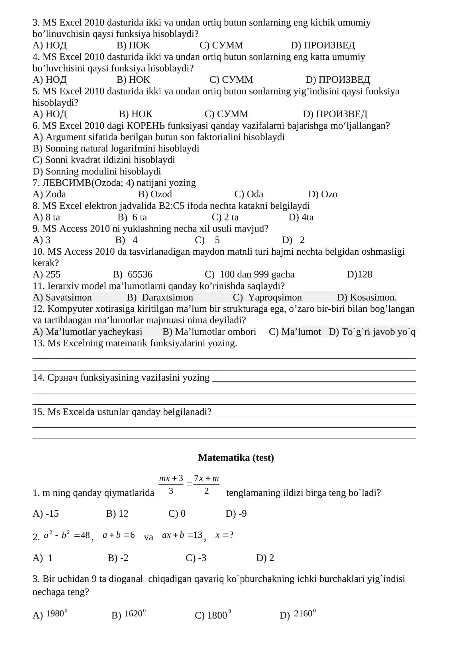10-sinf. 2-chorak. 4-blok. Tarix.(test) 2