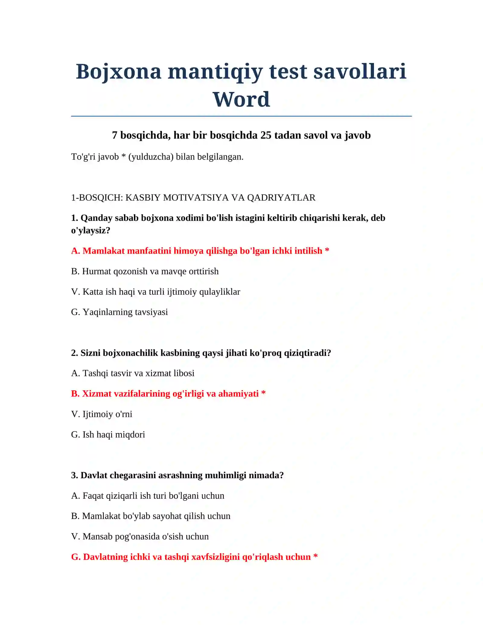 Bojxona mantiqiy test savollari Word 2