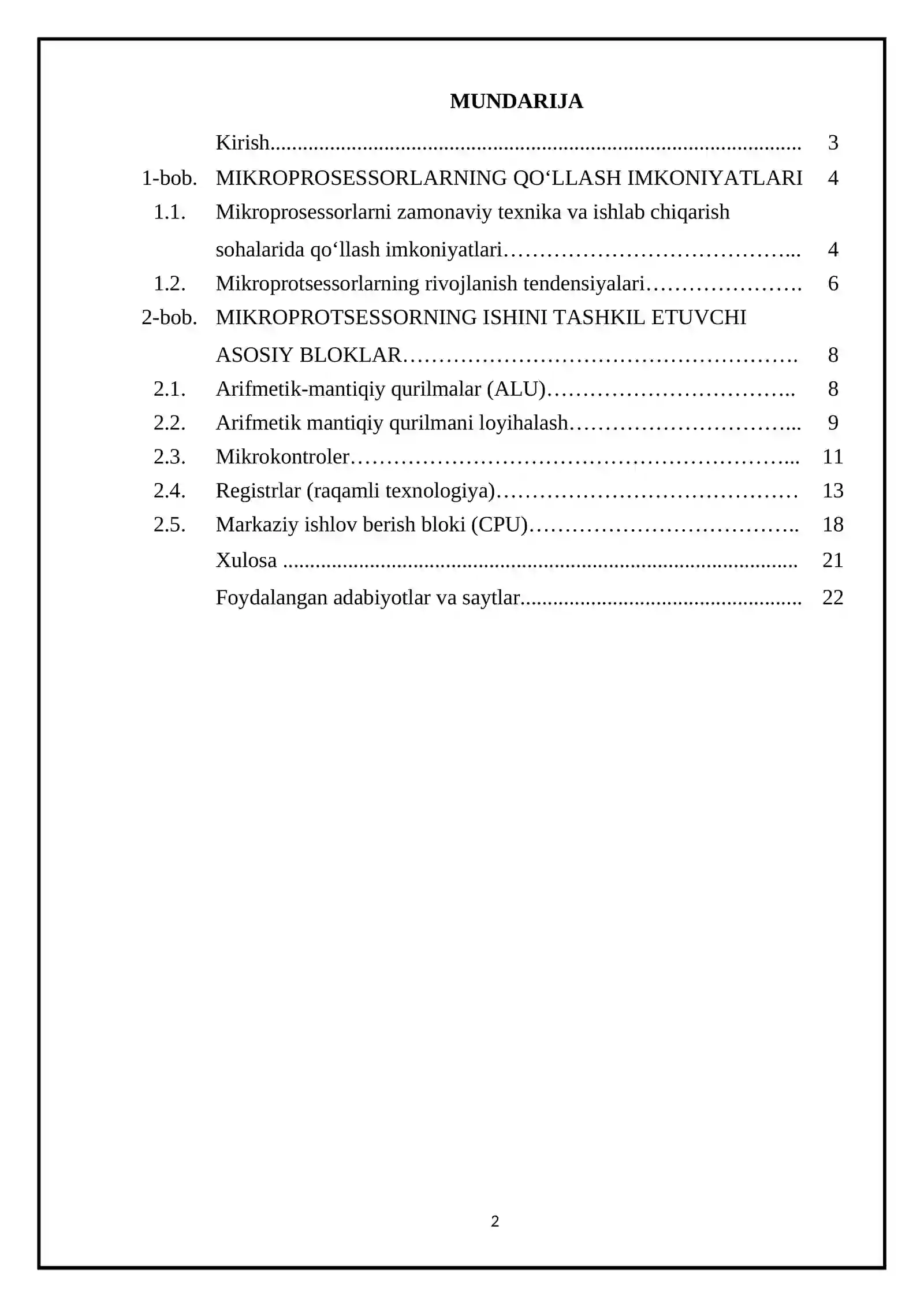 Mikroprotsessorning ishini tashkil etuvchi asosiy bloklar turkumi 2