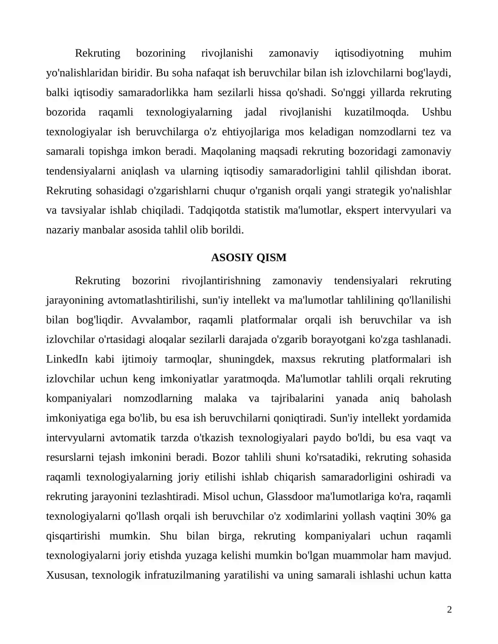 Rekruting bozorini rivojlantirishning zamonaviy tendensiyalari va istiqbollari 2